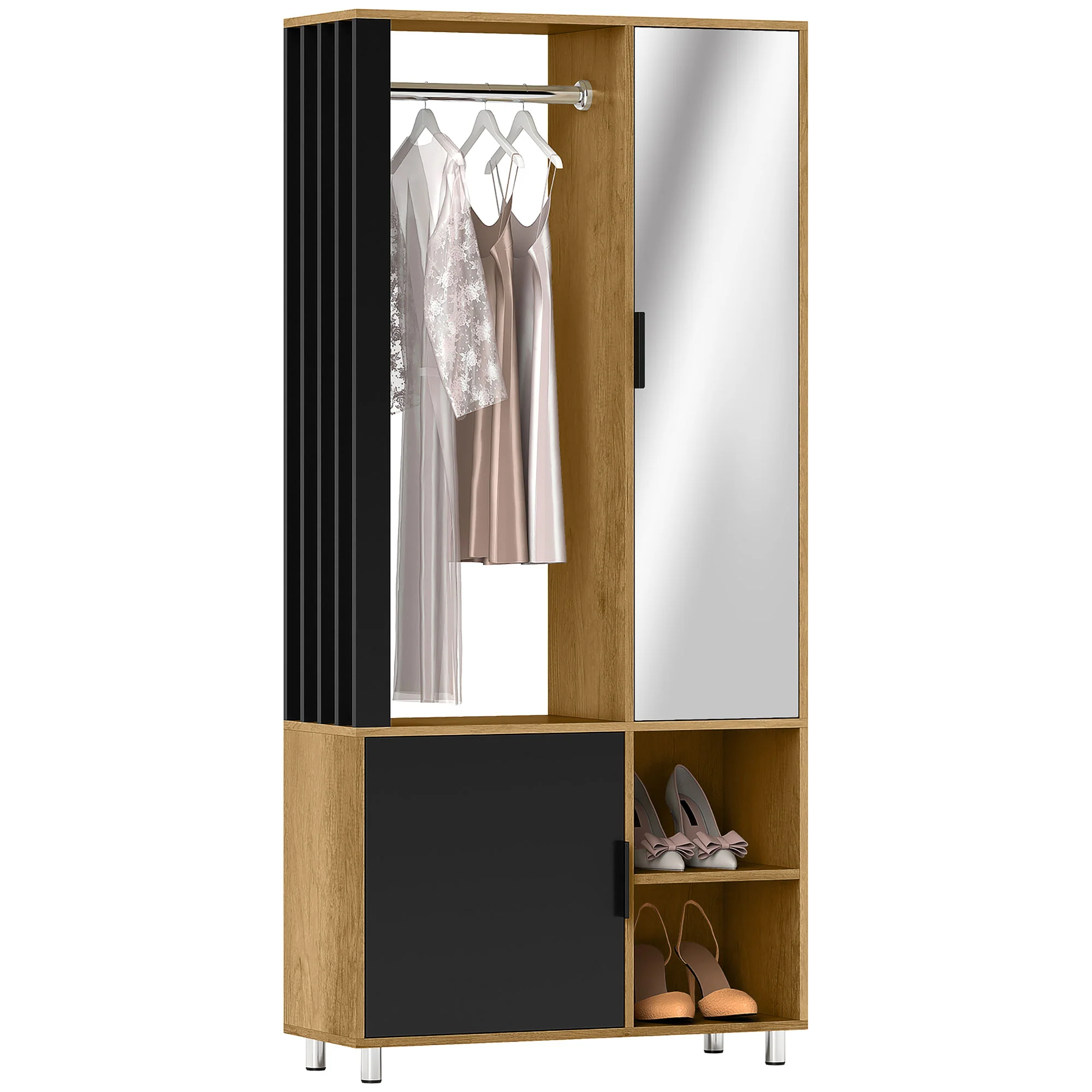 Armoire chambre penderie dressing moderne armoire de rangement avec miroir, compartiments ouverts, placard et tringle de suspension, 80 x 30 x 170 cm, bois naturel - Image 11