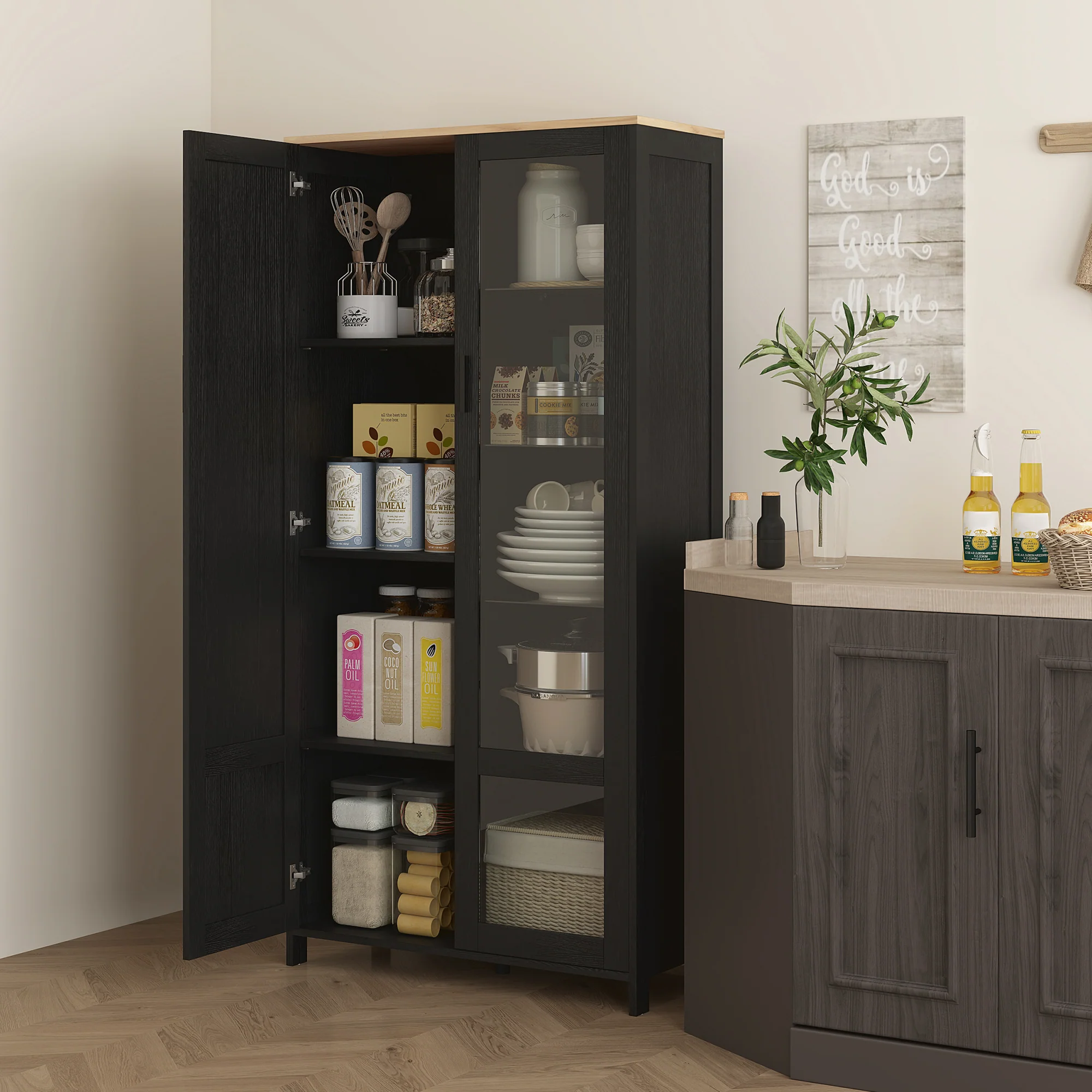 Armoire cuisine, buffet de cuisine, vaisselier, meuble vitrine à 2 portes dont une porte vitrée - meuble de rangement avec étagères réglables et 9 compartiments, 76 x 36 x 160 cm - noir - Image 3