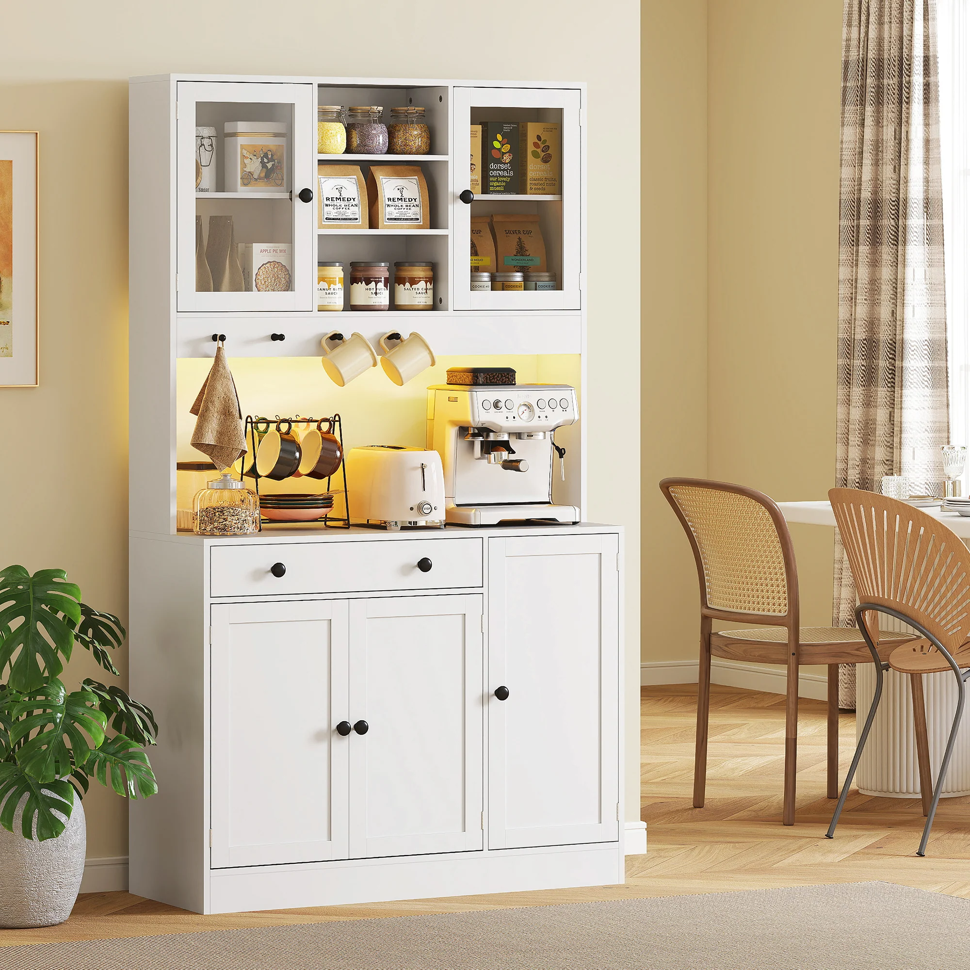 Armoire de cuisine avec LED et multiprise, buffet cuisine meuble de rangement avec placards et tiroir, portes vitrées, télécommande inclus, pour salle à manger, salon, 103x40x180cm, blanc - Image 3