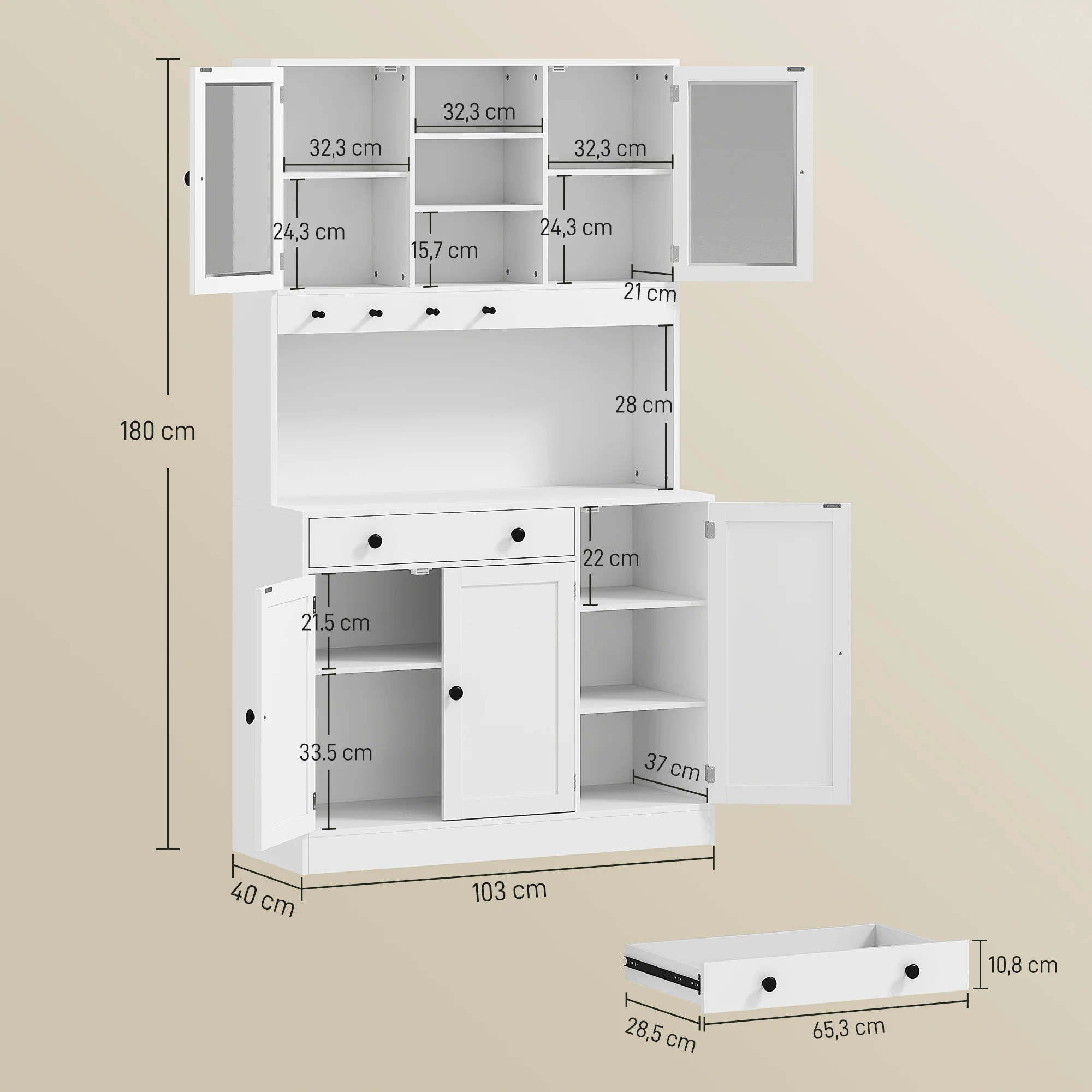 Armoire de cuisine avec LED et multiprise, buffet cuisine meuble de rangement avec placards et tiroir, portes vitrées, télécommande inclus, pour salle à manger, salon, 103x40x180cm, blanc - Image 4
