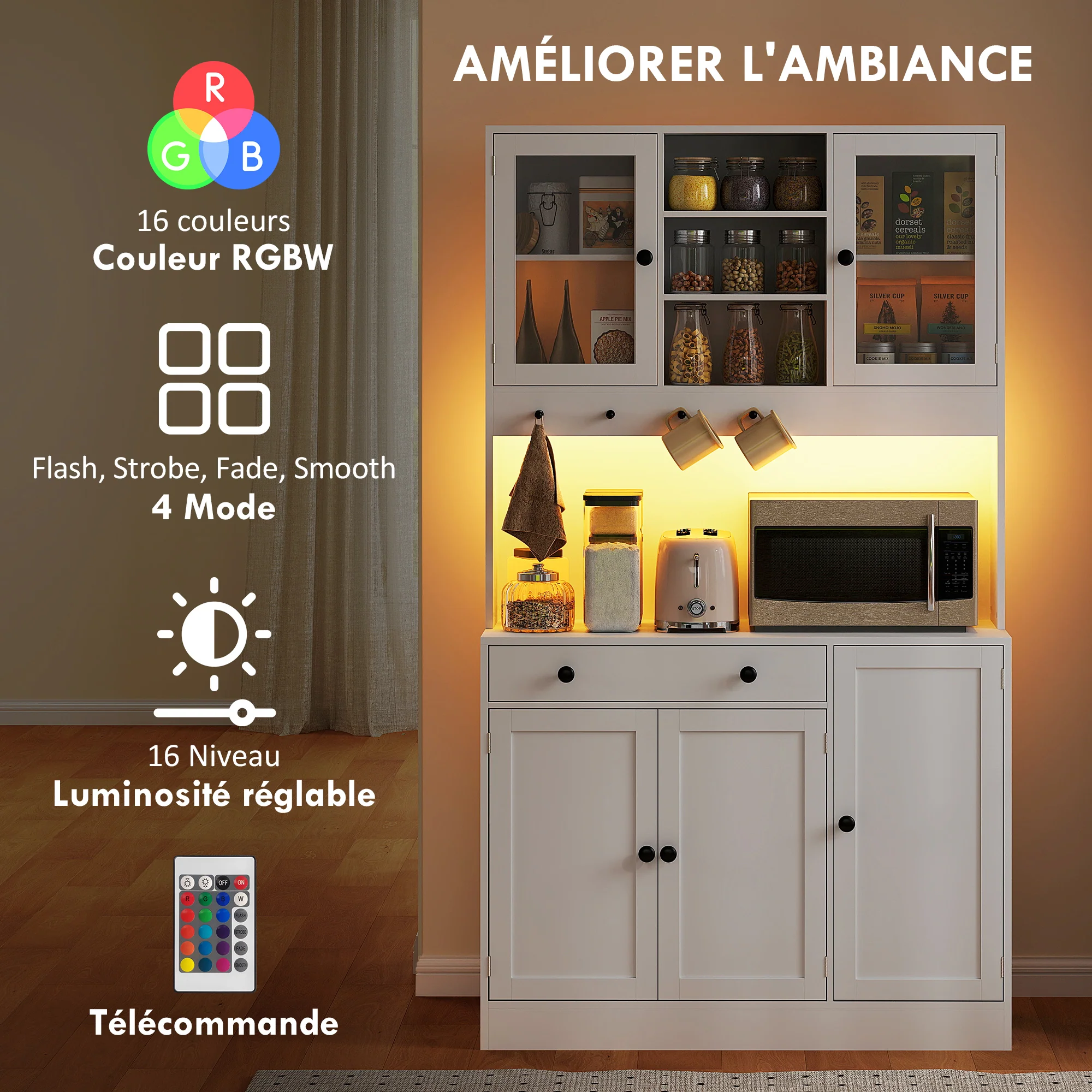 Armoire de cuisine avec LED et multiprise, buffet cuisine meuble de rangement avec placards et tiroir, portes vitrées, télécommande inclus, pour salle à manger, salon, 103x40x180cm, blanc - Image 5