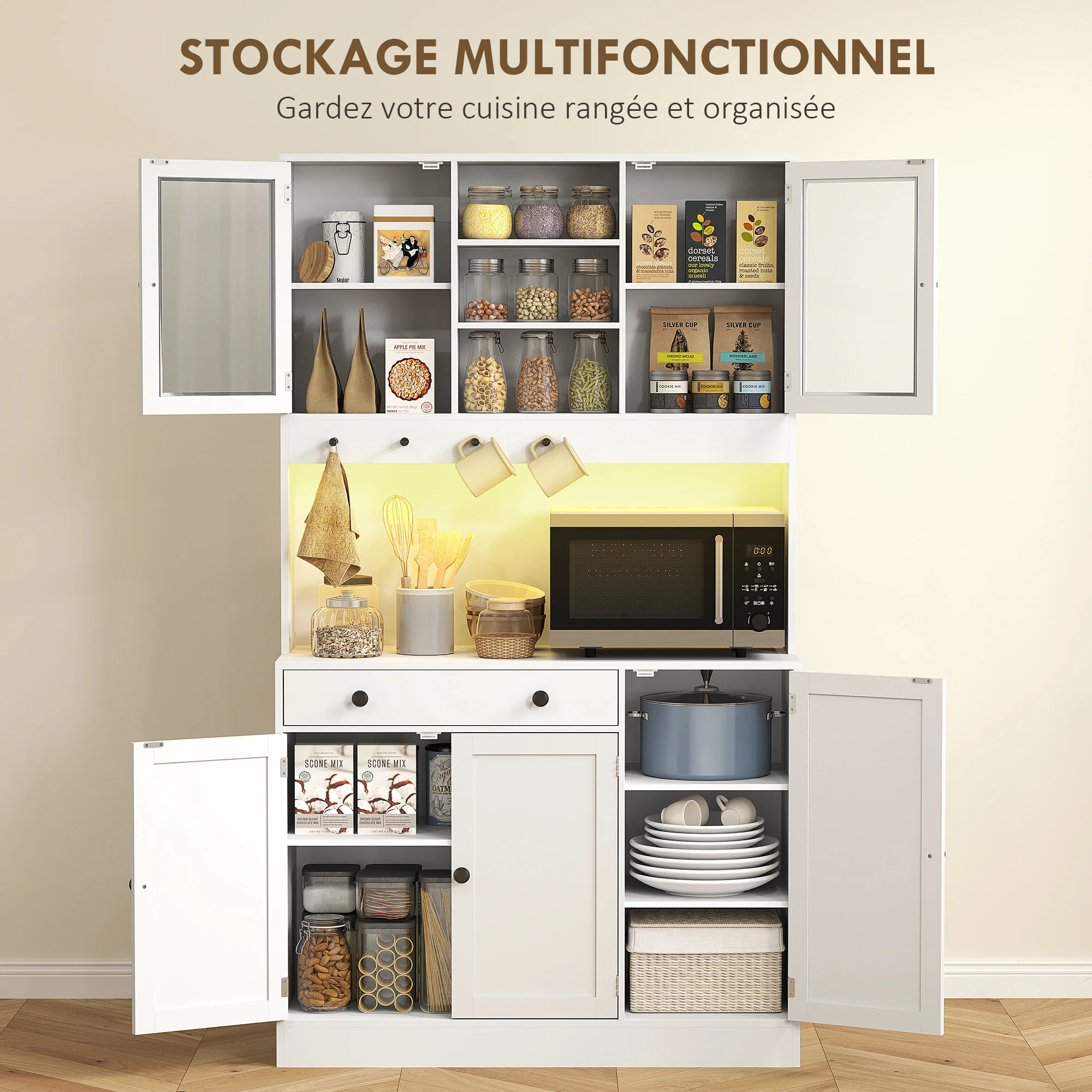 Armoire de cuisine avec LED et multiprise, buffet cuisine meuble de rangement avec placards et tiroir, portes vitrées, télécommande inclus, pour salle à manger, salon, 103x40x180cm, blanc - Image 6