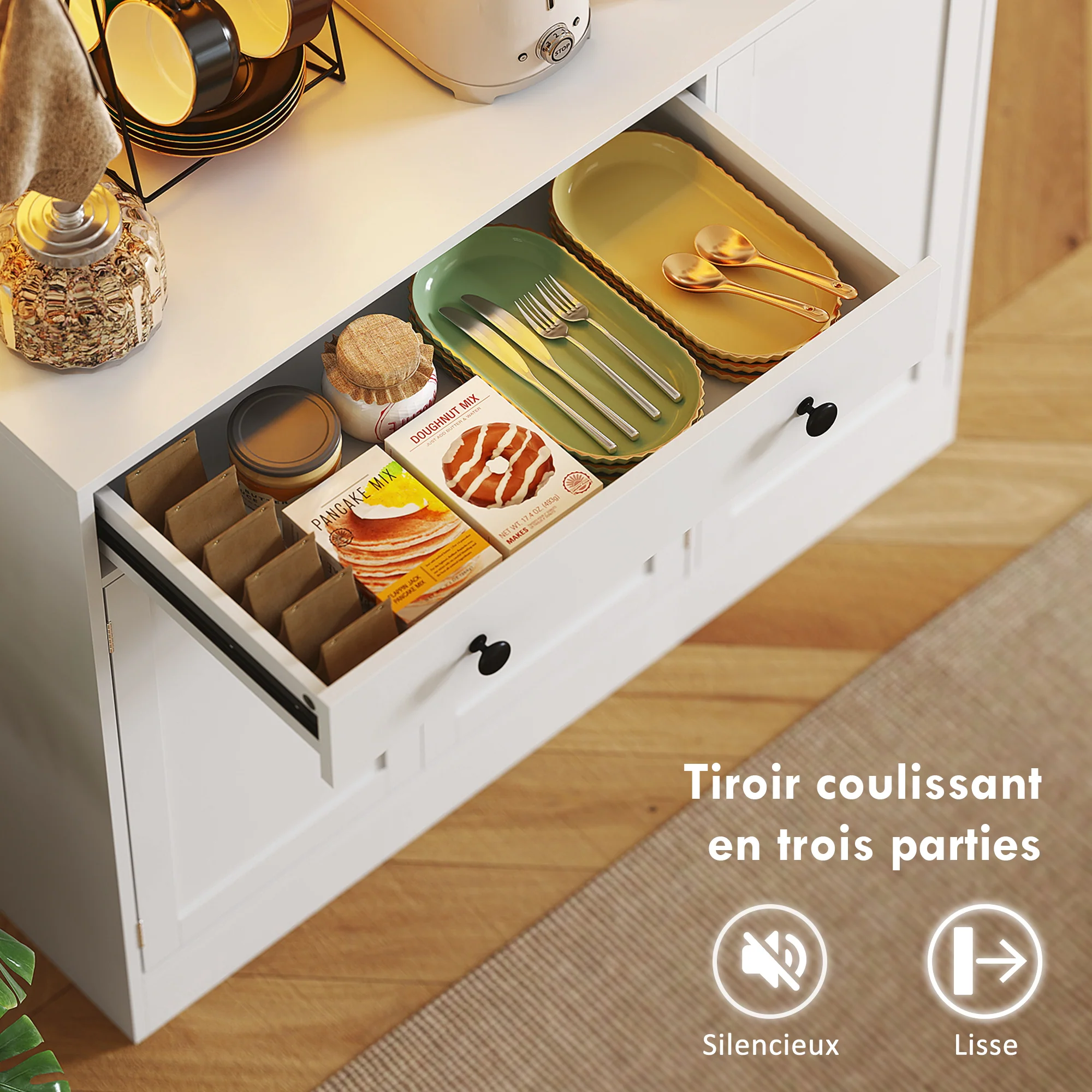 Armoire de cuisine avec LED et multiprise, buffet cuisine meuble de rangement avec placards et tiroir, portes vitrées, télécommande inclus, pour salle à manger, salon, 103x40x180cm, blanc - Image 7