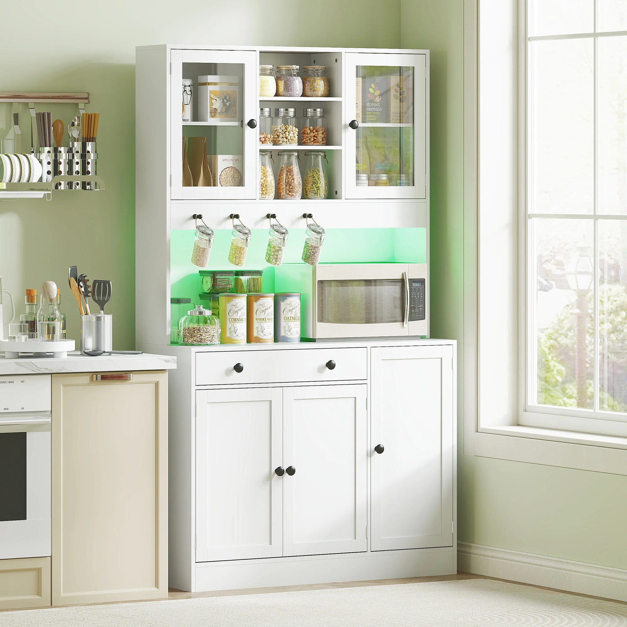 Armoire de cuisine avec LED et multiprise, buffet cuisine meuble de rangement avec placards et tiroir, portes vitrées, télécommande inclus, pour salle à manger, salon, 103x40x180cm, blanc - Image 9