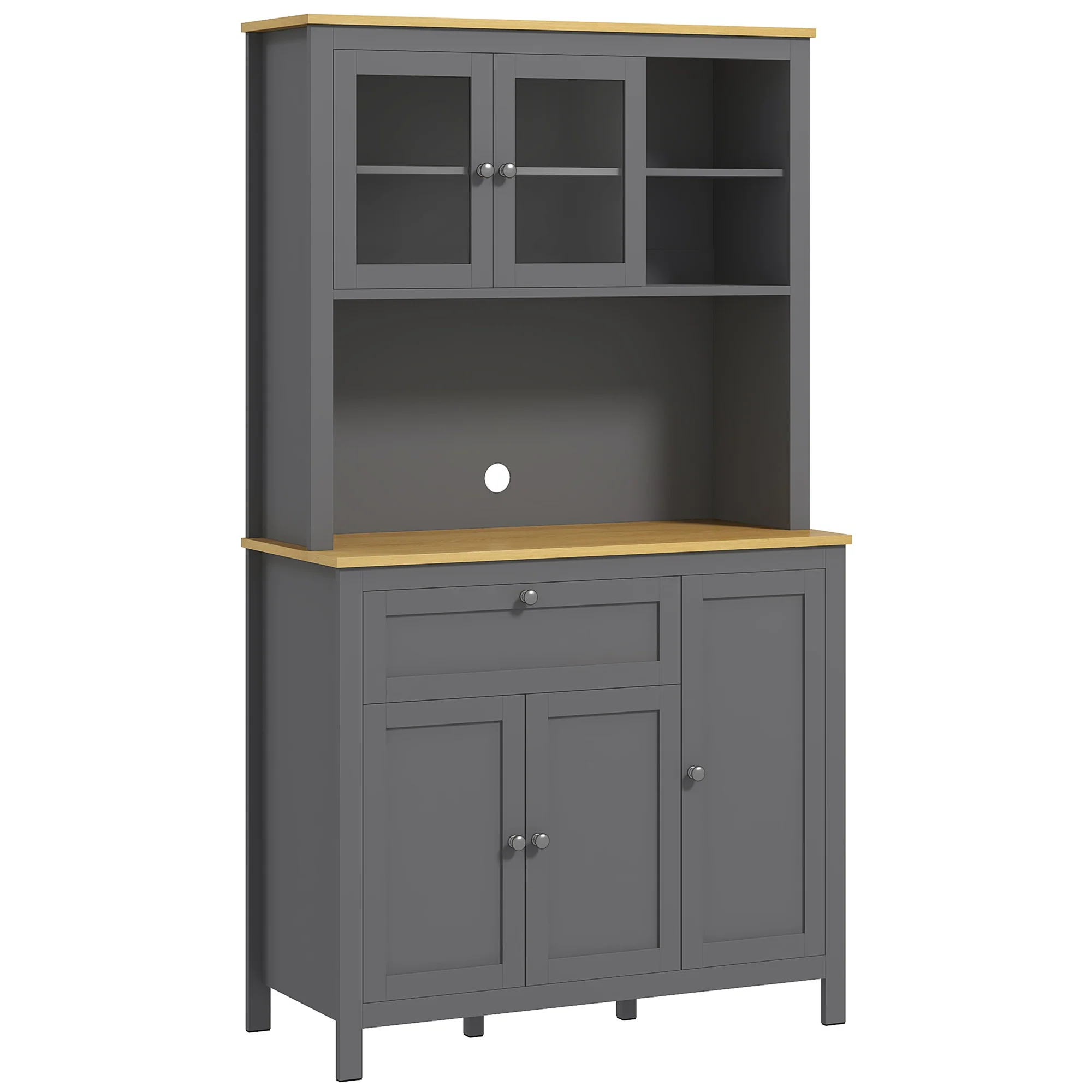 Armoire de cuisine, buffet cuisine avec plan de travail, vaisselier large avec 3 placards, tiroir, niches, passe-cable, étagères réglables et portes vitrées, style moderne, 100x40x180 cm, gris - Image 2