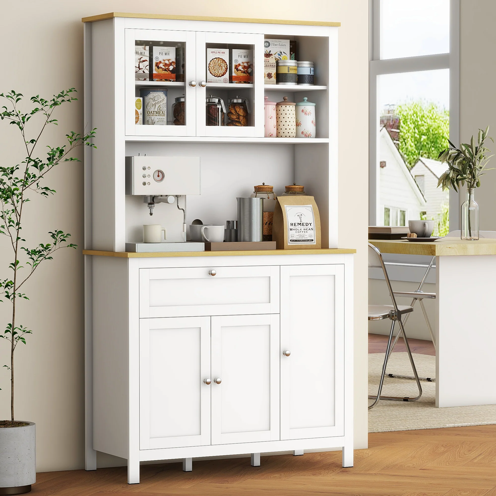 Armoire de cuisine, buffet cuisine avec plan de travail, vaisselier large avec 3 placards, tiroir, niches, passe-câble, étagères réglables et portes vitrées, style moderne, 100x40x180 cm, blanc - Image 3