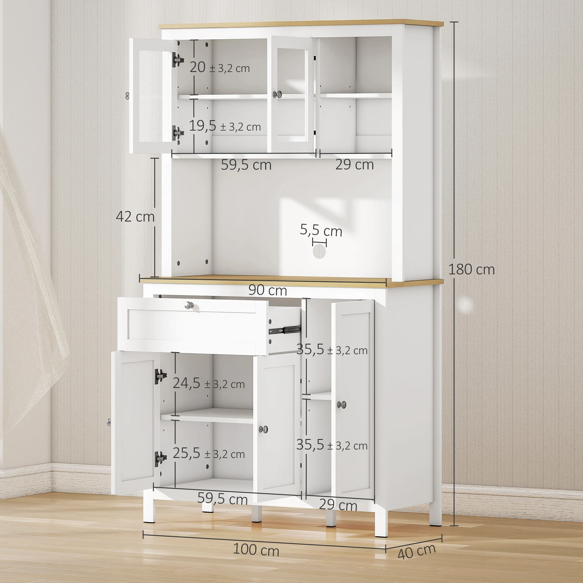 Armoire de cuisine, buffet cuisine avec plan de travail, vaisselier large avec 3 placards, tiroir, niches, passe-câble, étagères réglables et portes vitrées, style moderne, 100x40x180 cm, blanc - Image 4