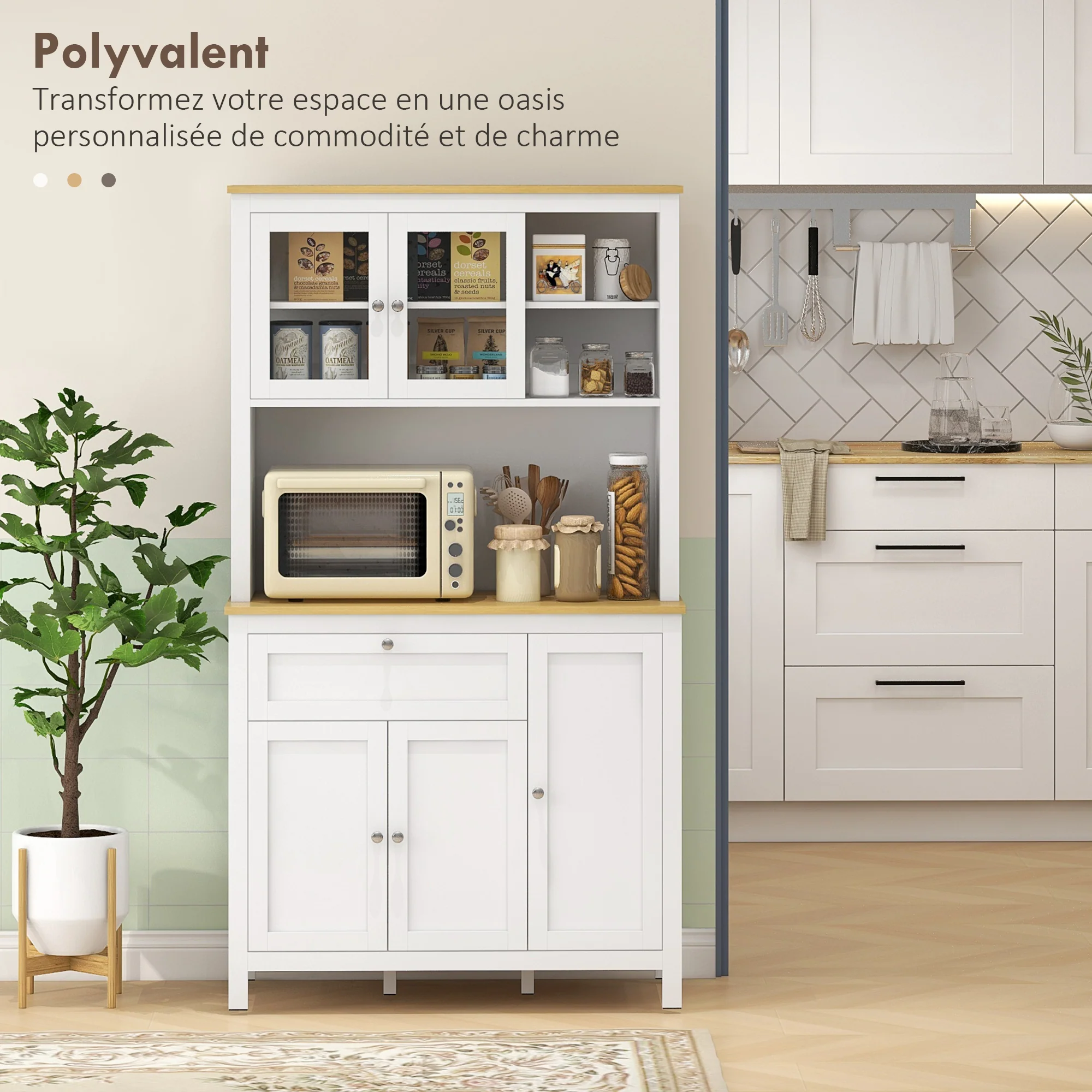 Armoire de cuisine, buffet cuisine avec plan de travail, vaisselier large avec 3 placards, tiroir, niches, passe-câble, étagères réglables et portes vitrées, style moderne, 100x40x180 cm, blanc - Image 5