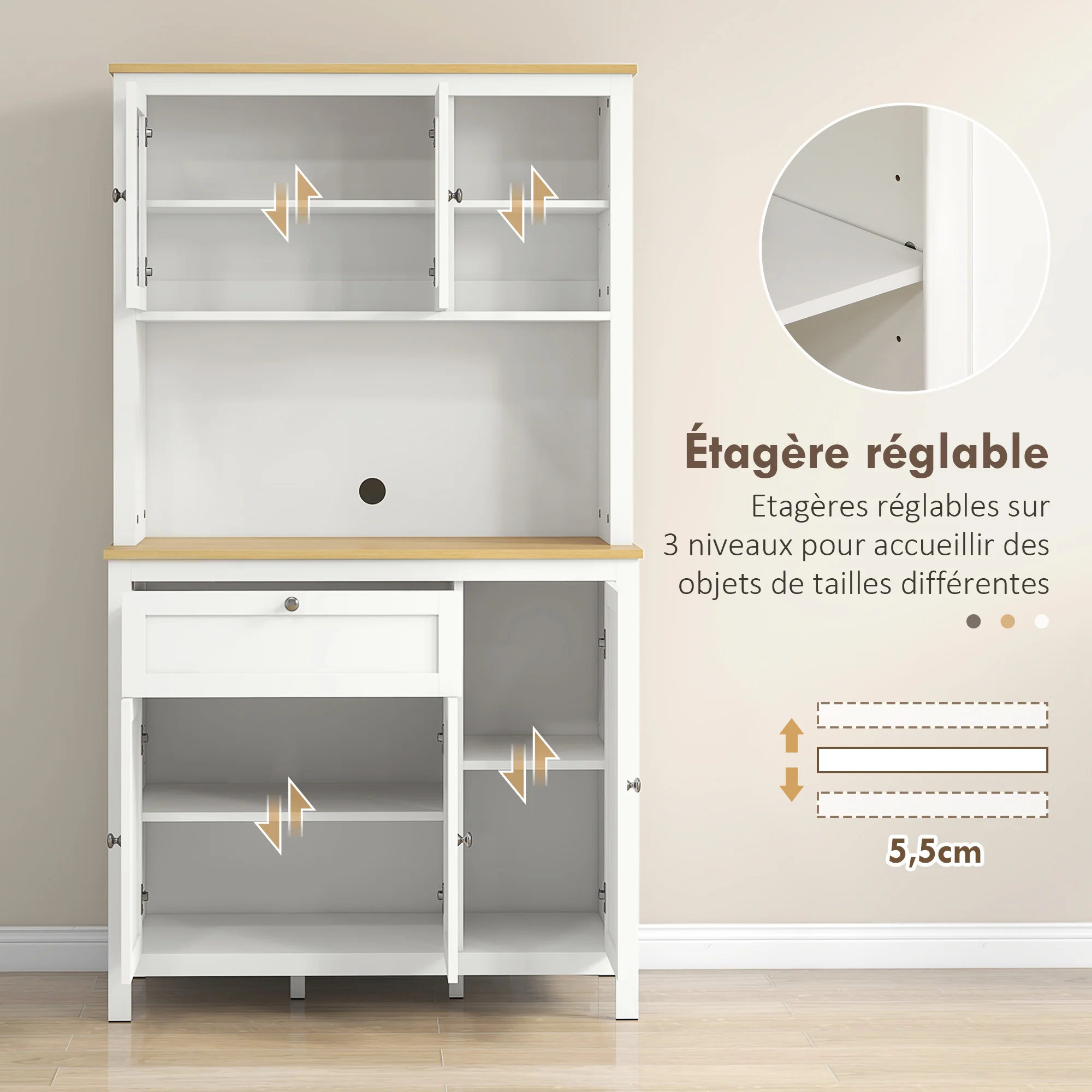 Armoire de cuisine, buffet cuisine avec plan de travail, vaisselier large avec 3 placards, tiroir, niches, passe-câble, étagères réglables et portes vitrées, style moderne, 100x40x180 cm, blanc - Image 7