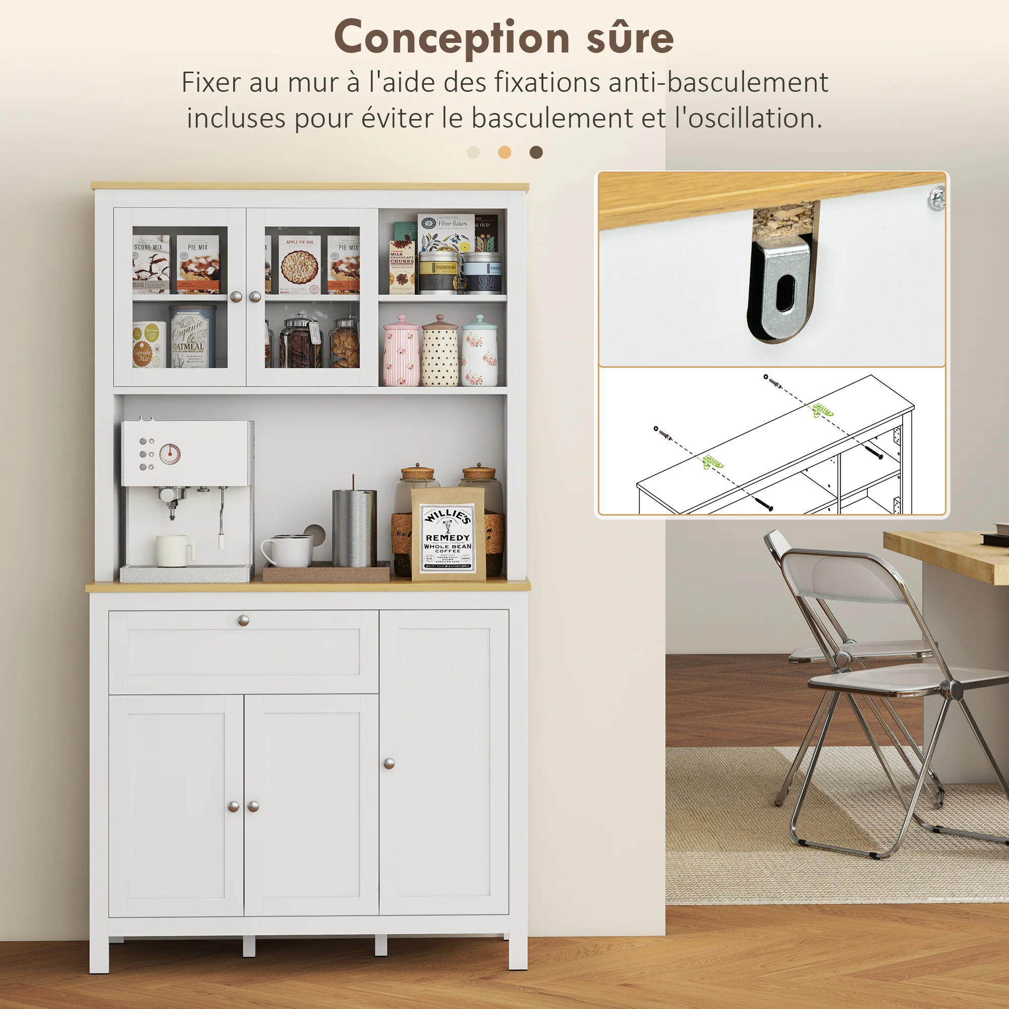 Armoire de cuisine, buffet cuisine avec plan de travail, vaisselier large avec 3 placards, tiroir, niches, passe-câble, étagères réglables et portes vitrées, style moderne, 100x40x180 cm, blanc - Image 9