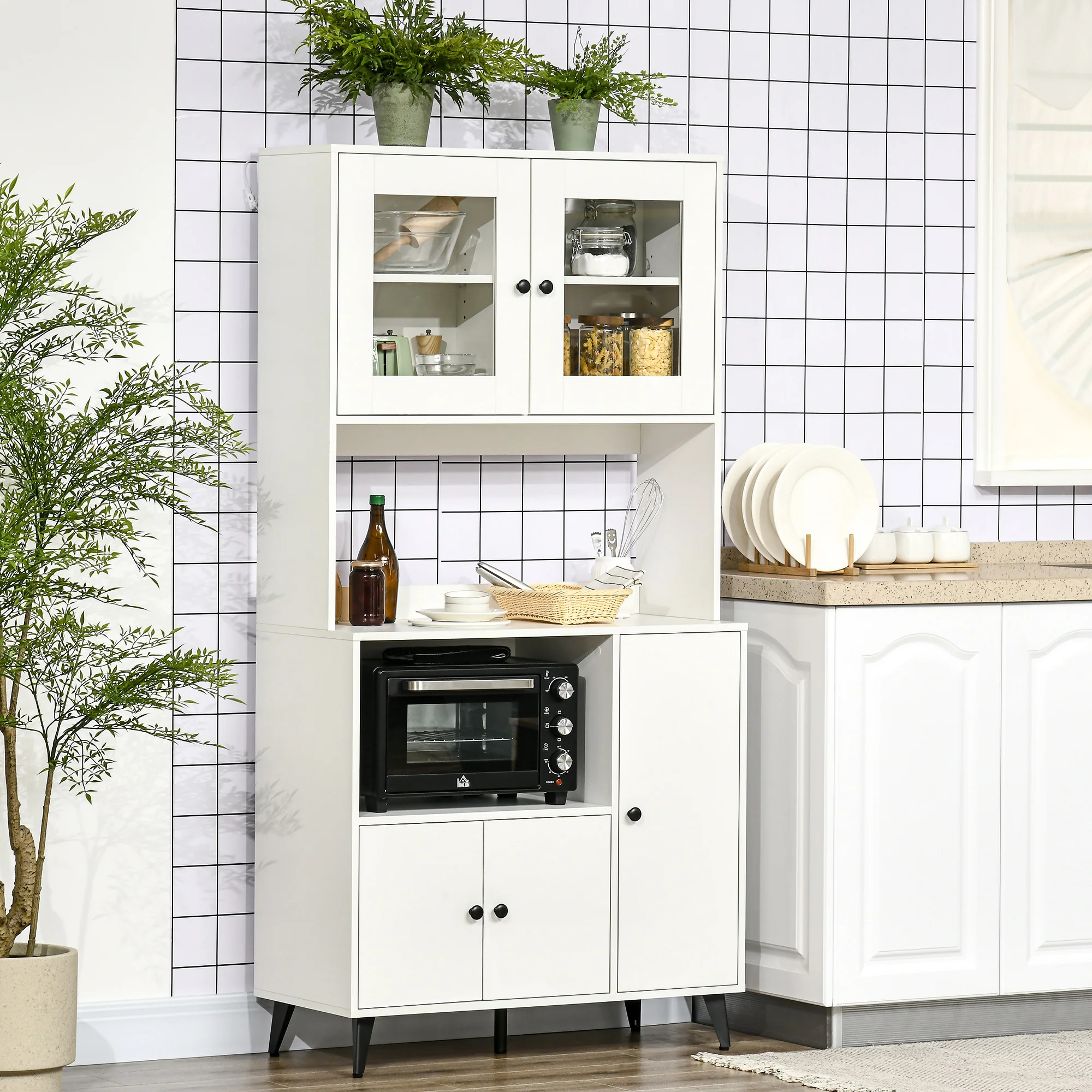 Armoire de cuisine buffet cuisine meuble de rangement avec 3 placards, niches, étagères réglables, portes vitrées, passe-câble, meuble micro onde pour salle à manger, salon, 90x40x180cm, blanc - Image 3