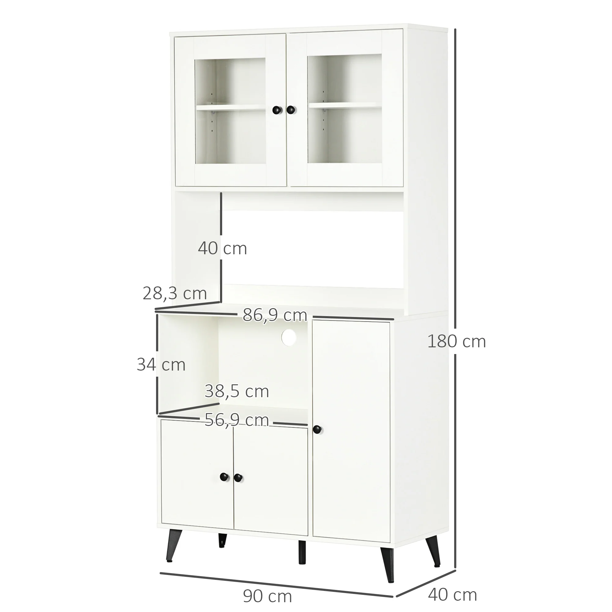 Armoire de cuisine buffet cuisine meuble de rangement avec 3 placards, niches, étagères réglables, portes vitrées, passe-câble, meuble micro onde pour salle à manger, salon, 90x40x180cm, blanc - Image 4