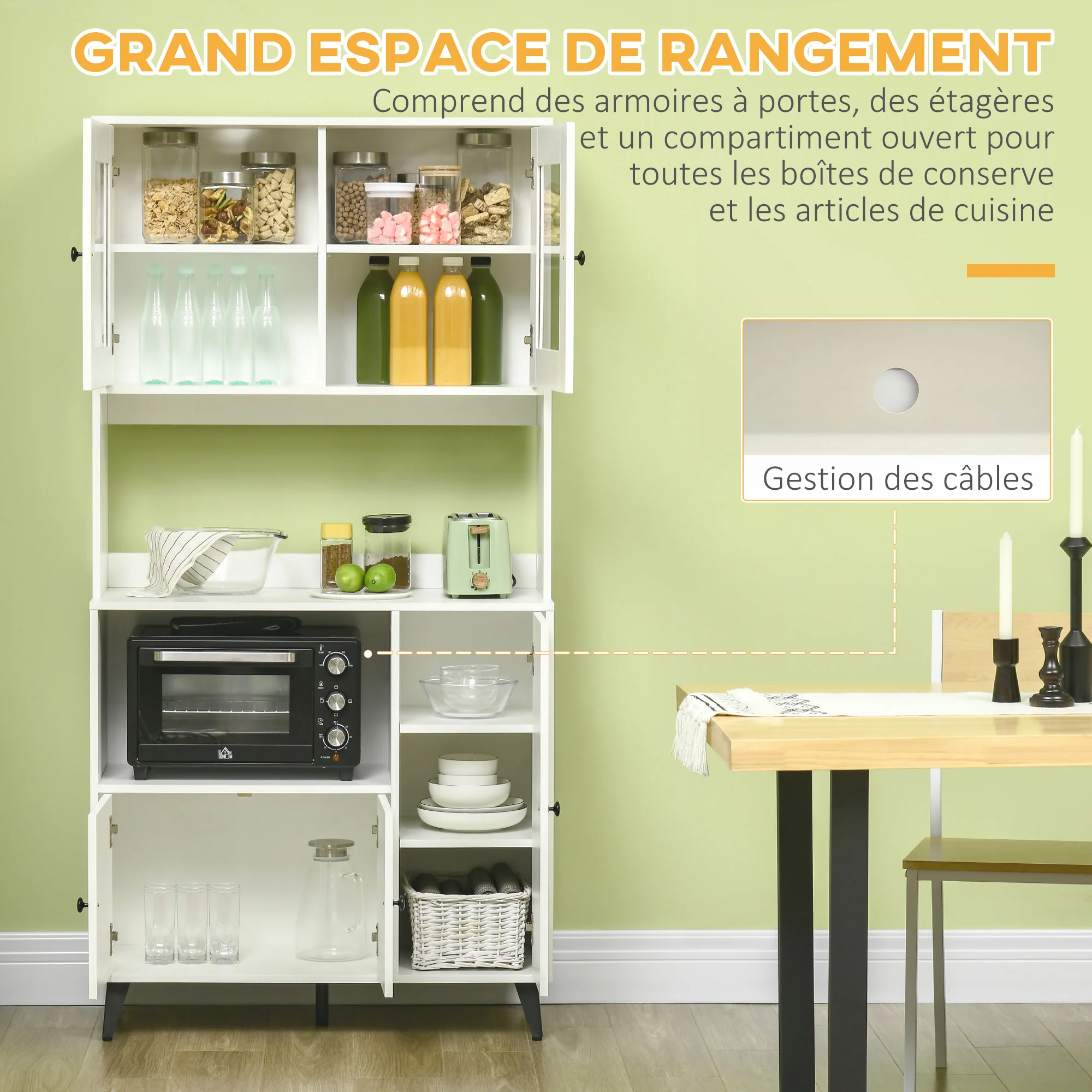 Armoire de cuisine buffet cuisine meuble de rangement avec 3 placards, niches, étagères réglables, portes vitrées, passe-câble, meuble micro onde pour salle à manger, salon, 90x40x180cm, blanc - Image 5