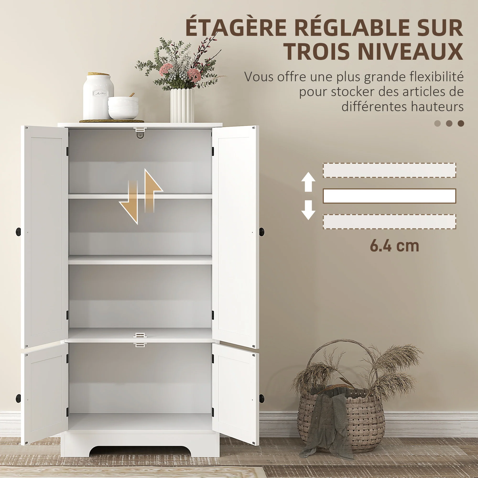 Armoire de cuisine buffet cuisine meuble de rangement avec placards et étagères réglables pour salle à manger, salon, 58,2 x 30 x 123 cm, blanc - Image 7
