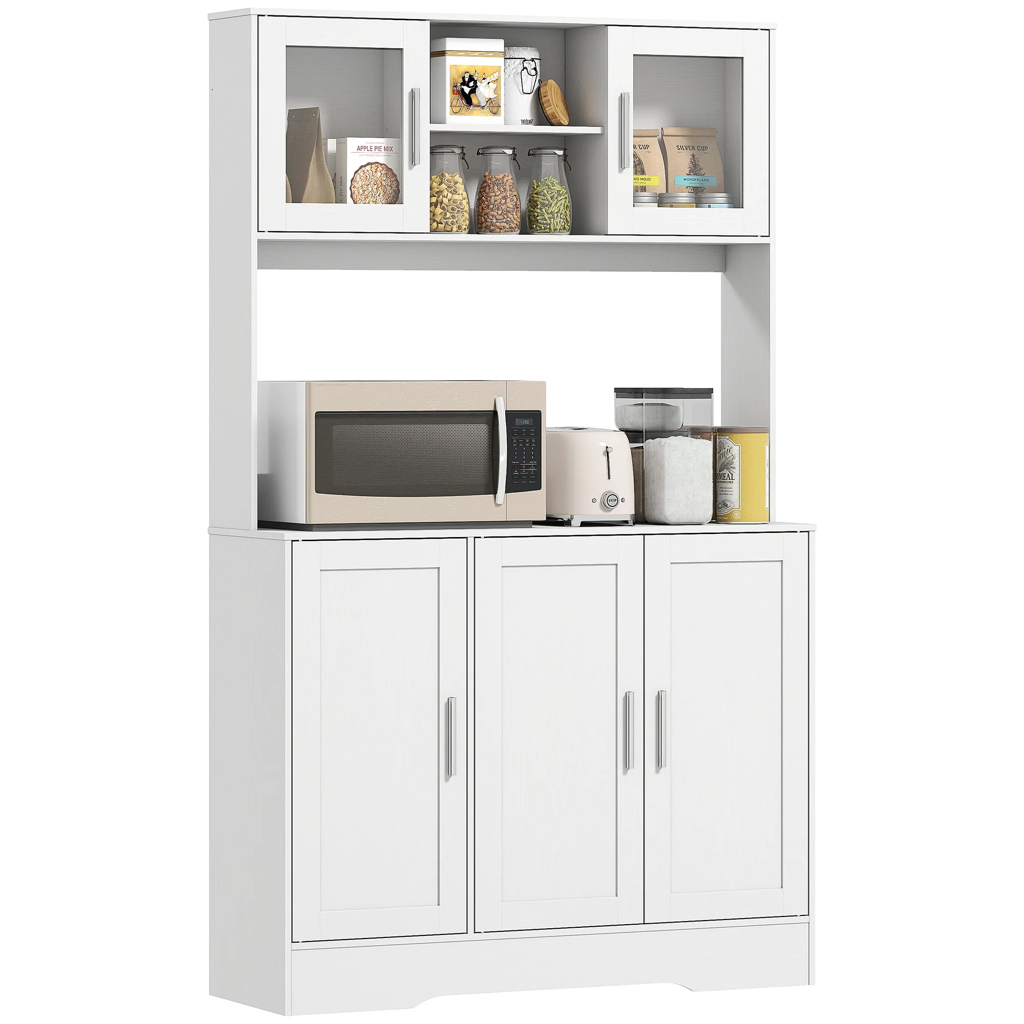 Armoire de cuisine, buffet cuisine meuble de rangement scandinave avec placards, compartiments ouverts, portes vitrées et plan de travail, pour salle à manger, salon, 108 x 35 x 180 cm, blanc - Image 11
