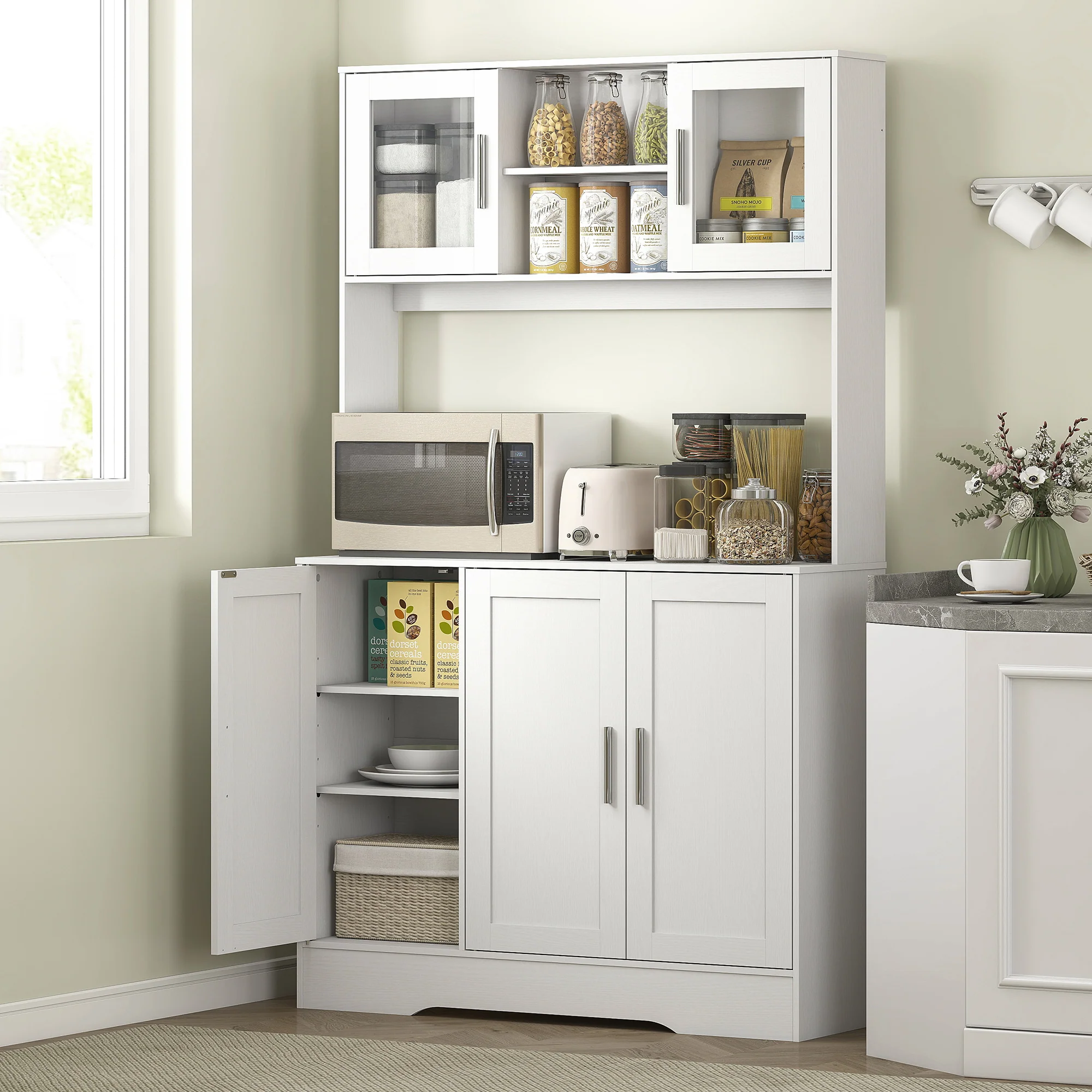 Armoire de cuisine, buffet cuisine meuble de rangement scandinave avec placards, compartiments ouverts, portes vitrées et plan de travail, pour salle à manger, salon, 108 x 35 x 180 cm, blanc - Image 3