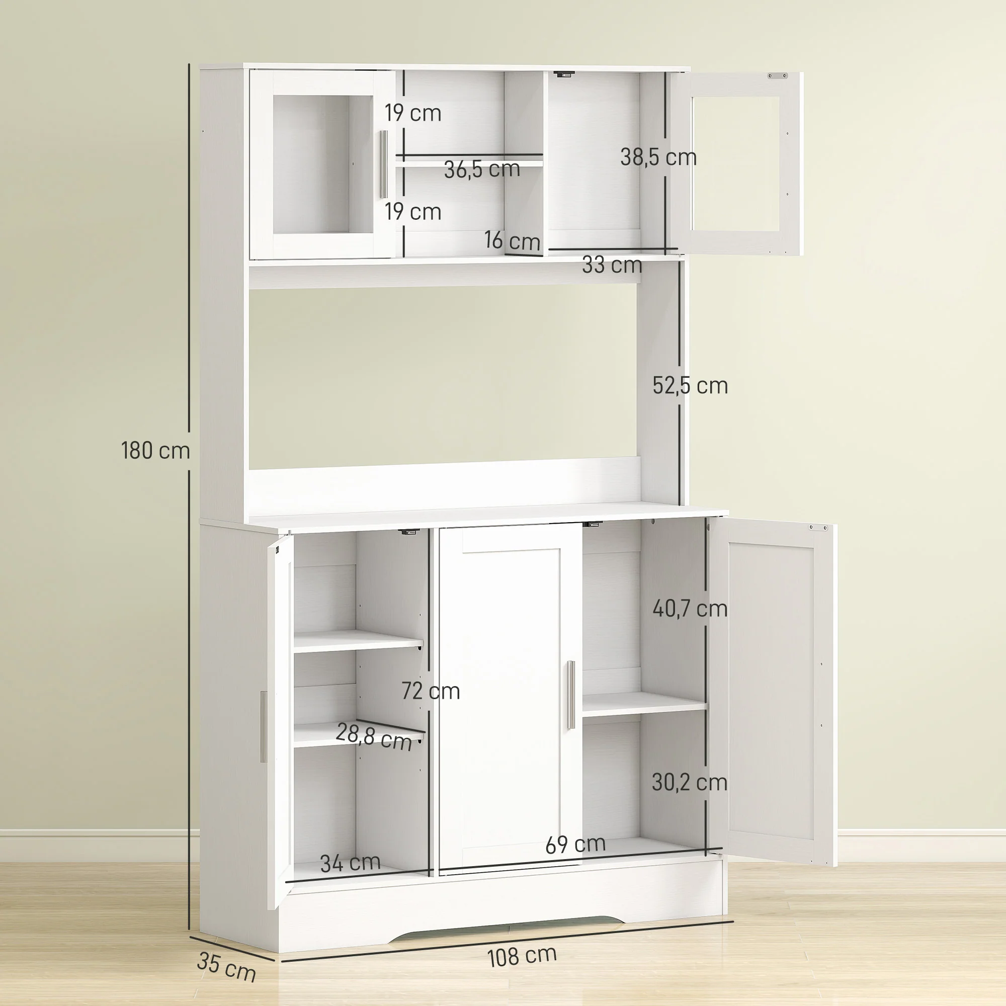 Armoire de cuisine, buffet cuisine meuble de rangement scandinave avec placards, compartiments ouverts, portes vitrées et plan de travail, pour salle à manger, salon, 108 x 35 x 180 cm, blanc - Image 4