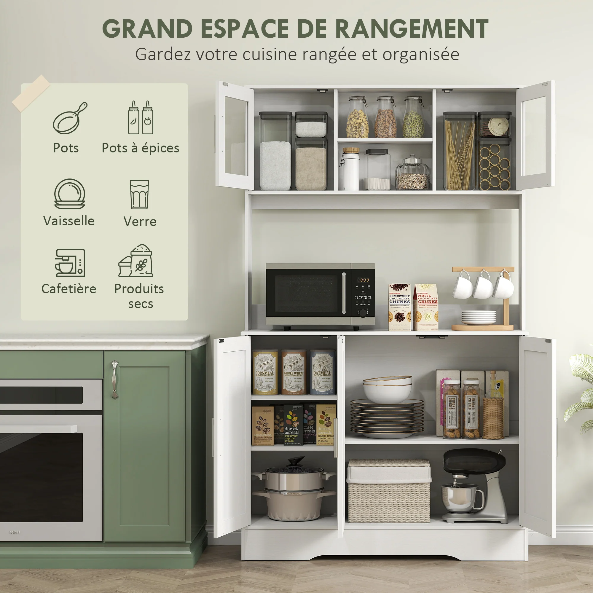 Armoire de cuisine, buffet cuisine meuble de rangement scandinave avec placards, compartiments ouverts, portes vitrées et plan de travail, pour salle à manger, salon, 108 x 35 x 180 cm, blanc - Image 5