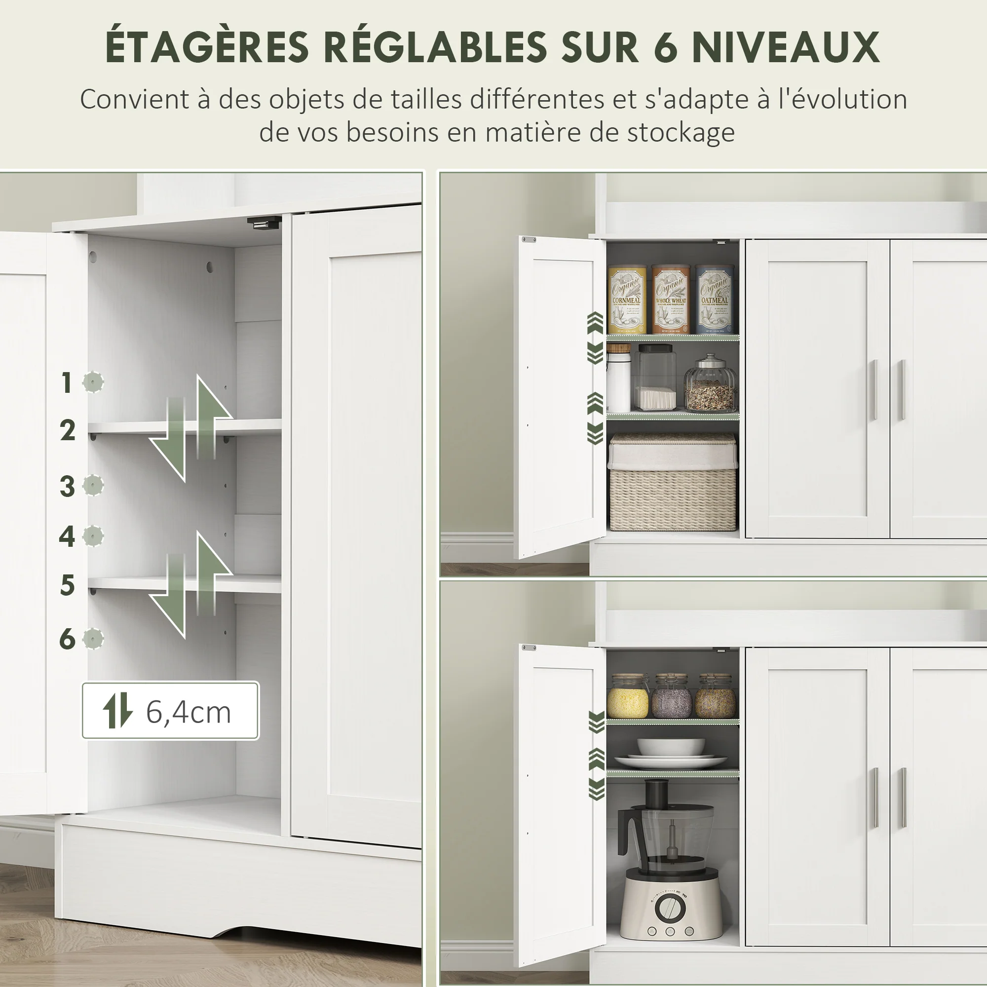 Armoire de cuisine, buffet cuisine meuble de rangement scandinave avec placards, compartiments ouverts, portes vitrées et plan de travail, pour salle à manger, salon, 108 x 35 x 180 cm, blanc - Image 6