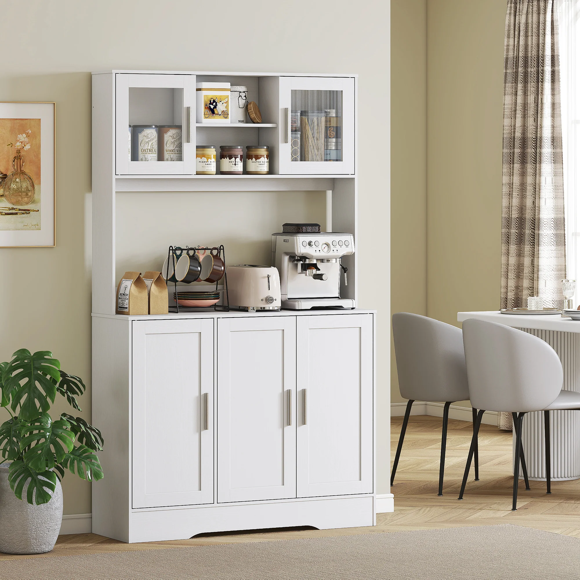 Armoire de cuisine, buffet cuisine meuble de rangement scandinave avec placards, compartiments ouverts, portes vitrées et plan de travail, pour salle à manger, salon, 108 x 35 x 180 cm, blanc - Image 9