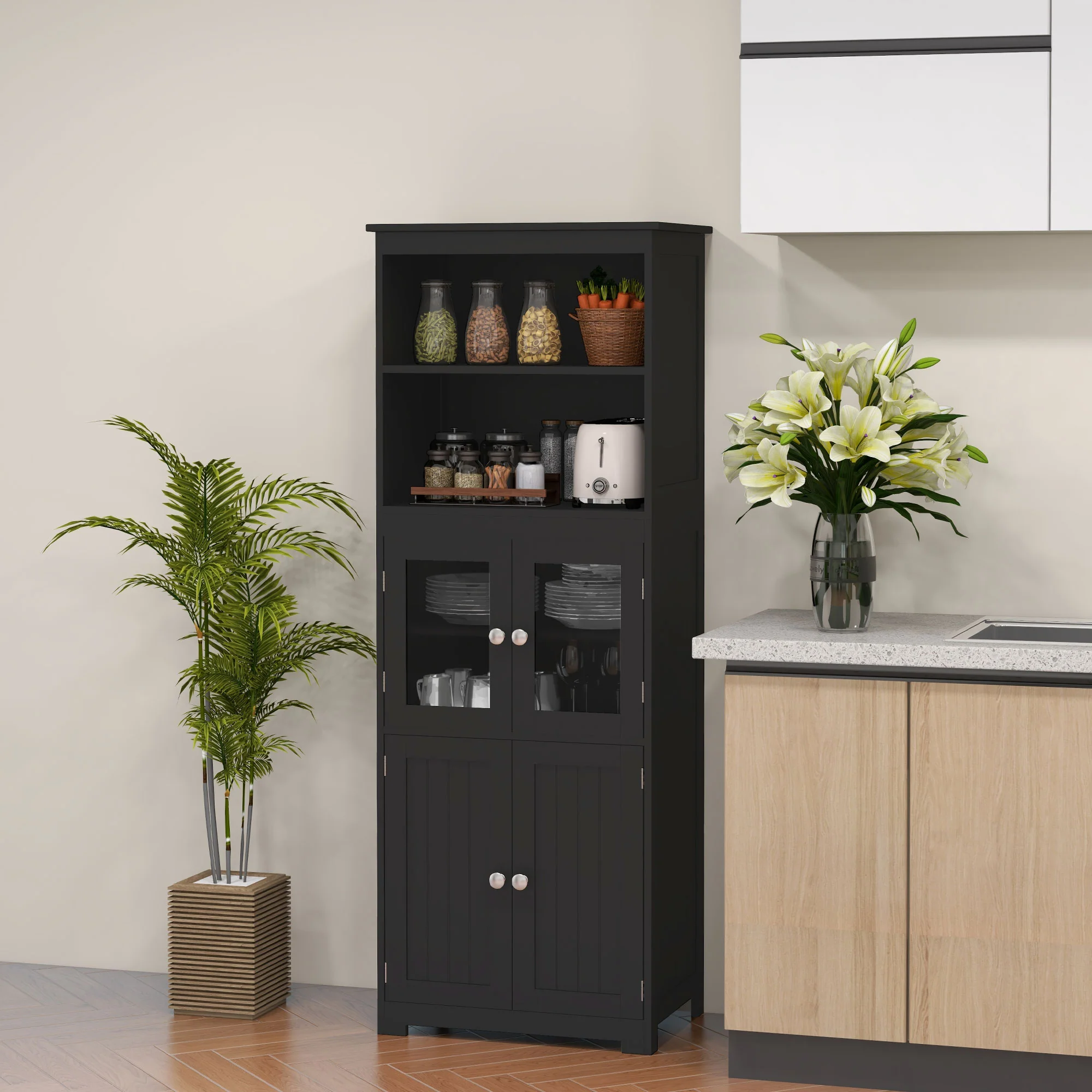 Armoire de cuisine buffet cuisine vaisselier meuble de rangement avec 2 niches, 2 placards avec 4 portes dont 2 portes vitrées, étagère réglable - dim. 60I x 30P x 162H cm noir - Image 3
