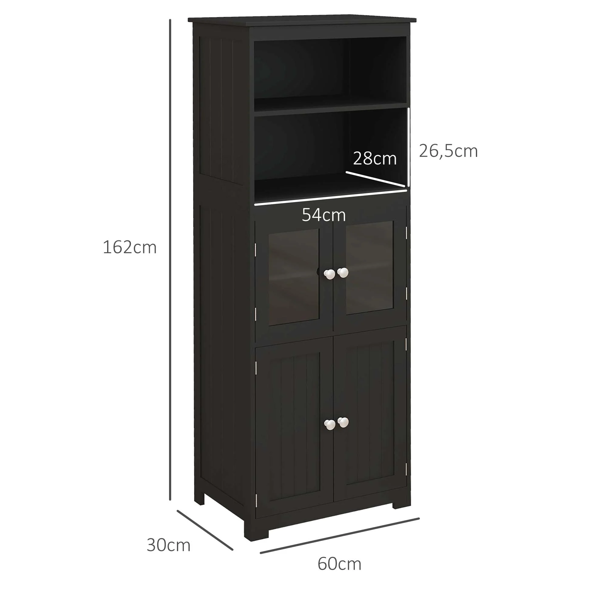 Armoire de cuisine buffet cuisine vaisselier meuble de rangement avec 2 niches, 2 placards avec 4 portes dont 2 portes vitrées, étagère réglable - dim. 60I x 30P x 162H cm noir - Image 4