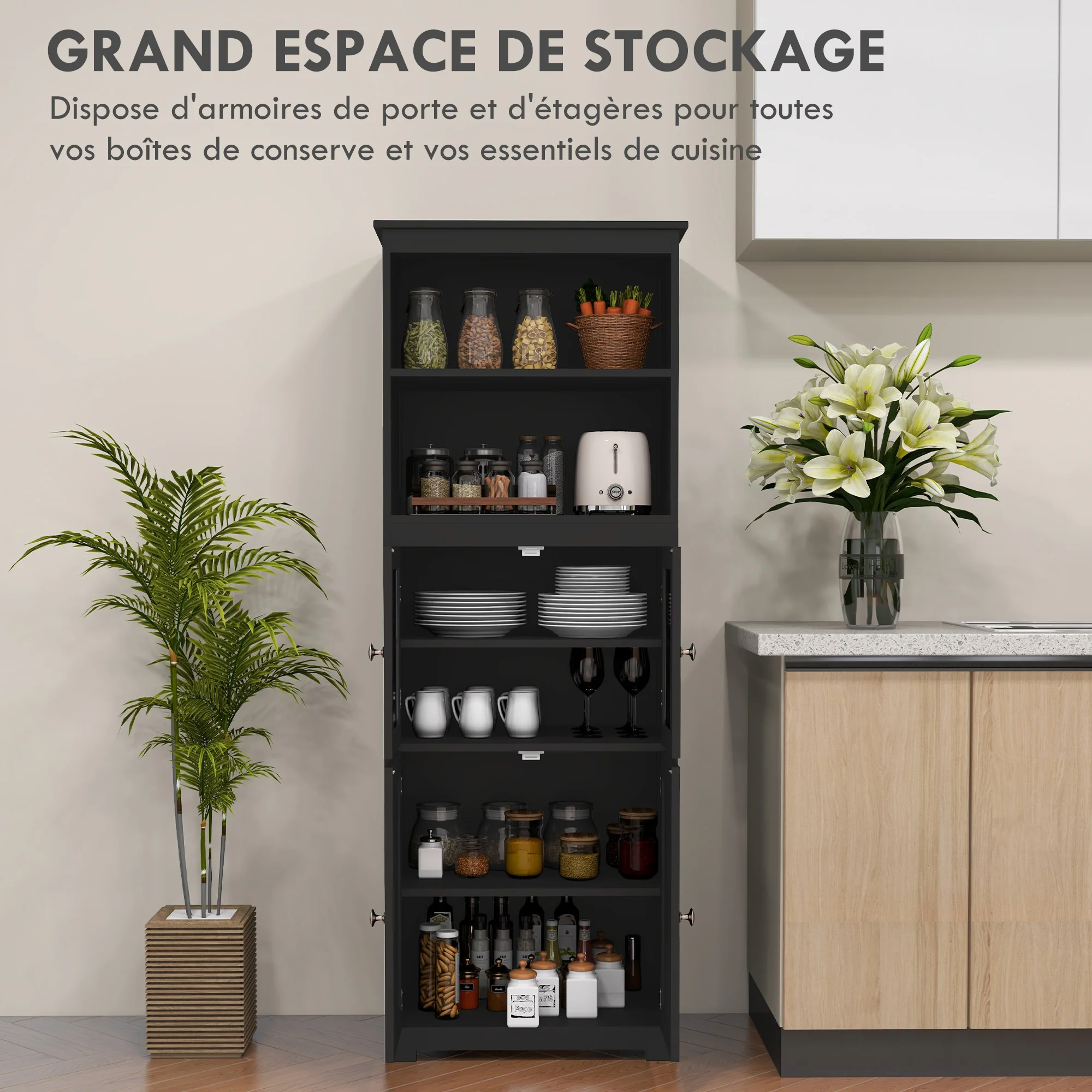 Armoire de cuisine buffet cuisine vaisselier meuble de rangement avec 2 niches, 2 placards avec 4 portes dont 2 portes vitrées, étagère réglable - dim. 60I x 30P x 162H cm noir - Image 5