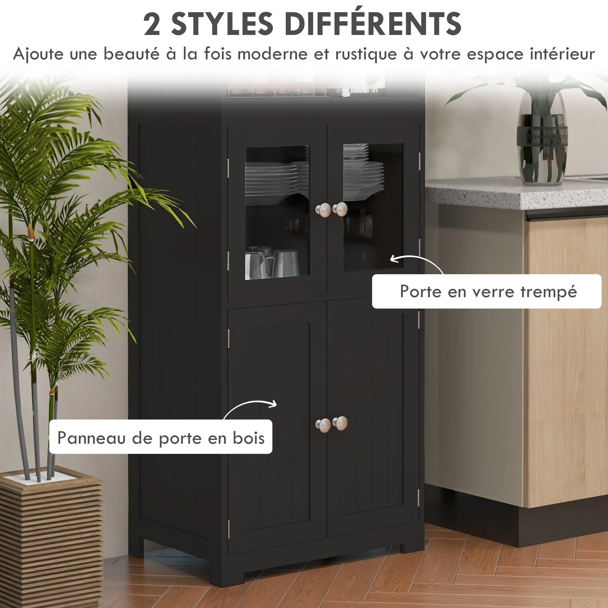 Armoire de cuisine buffet cuisine vaisselier meuble de rangement avec 2 niches, 2 placards avec 4 portes dont 2 portes vitrées, étagère réglable - dim. 60I x 30P x 162H cm noir - Image 6