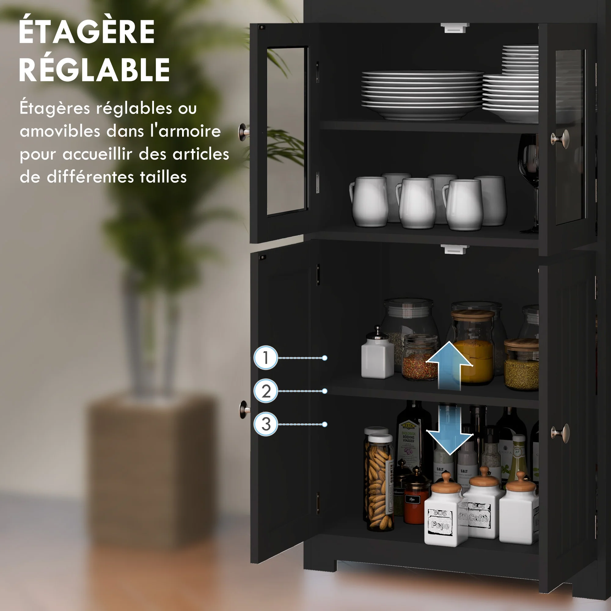 Armoire de cuisine buffet cuisine vaisselier meuble de rangement avec 2 niches, 2 placards avec 4 portes dont 2 portes vitrées, étagère réglable - dim. 60I x 30P x 162H cm noir - Image 7