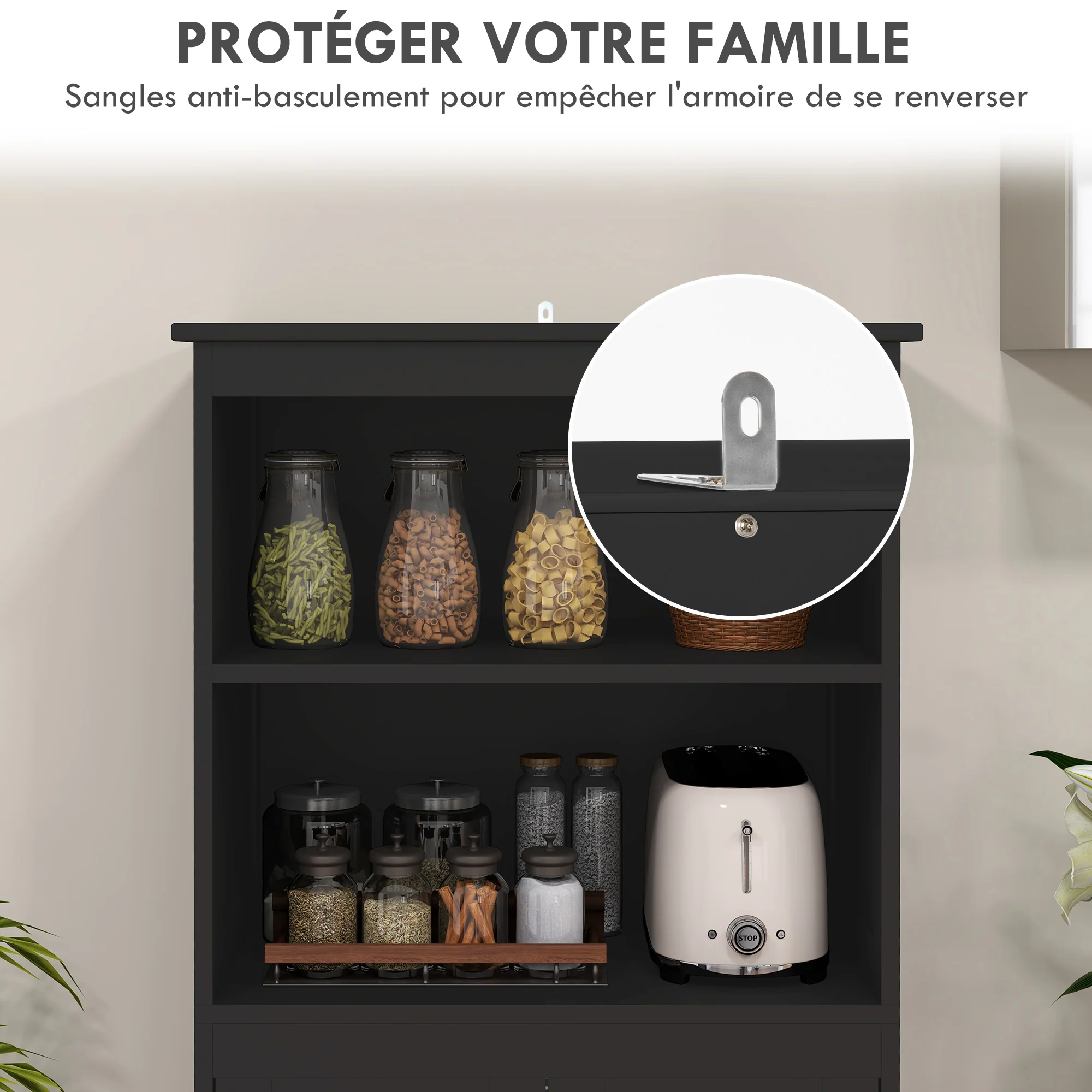 Armoire de cuisine buffet cuisine vaisselier meuble de rangement avec 2 niches, 2 placards avec 4 portes dont 2 portes vitrées, étagère réglable - dim. 60I x 30P x 162H cm noir - Image 8