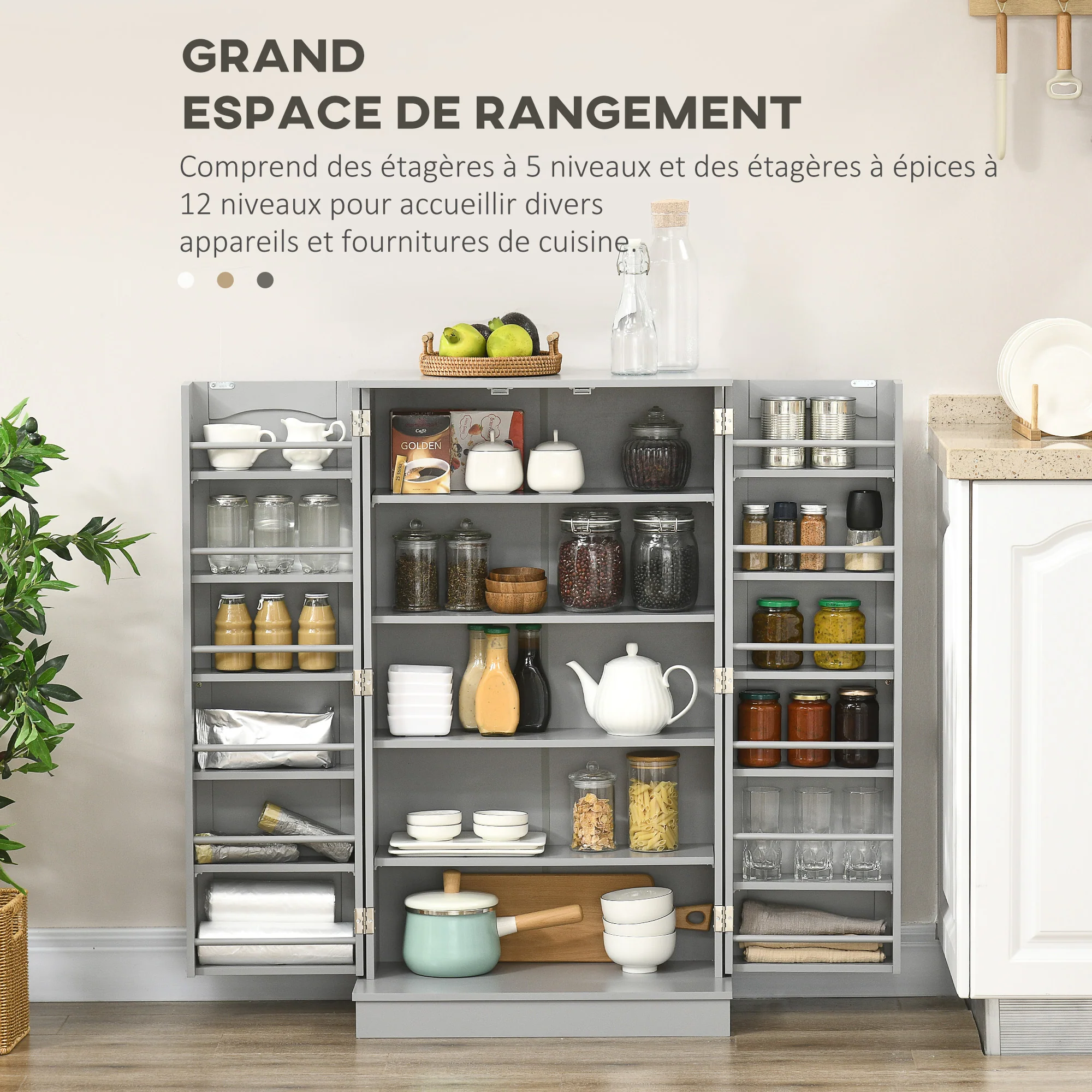 Armoire de cuisine buffet cuisine vaisselier meuble de rangement moderne avec placards, étagère réglable et 12 porte-épices, garde-manger pour salle à manger, salon, 60 x 30 x 104 cm, gris - Image 5