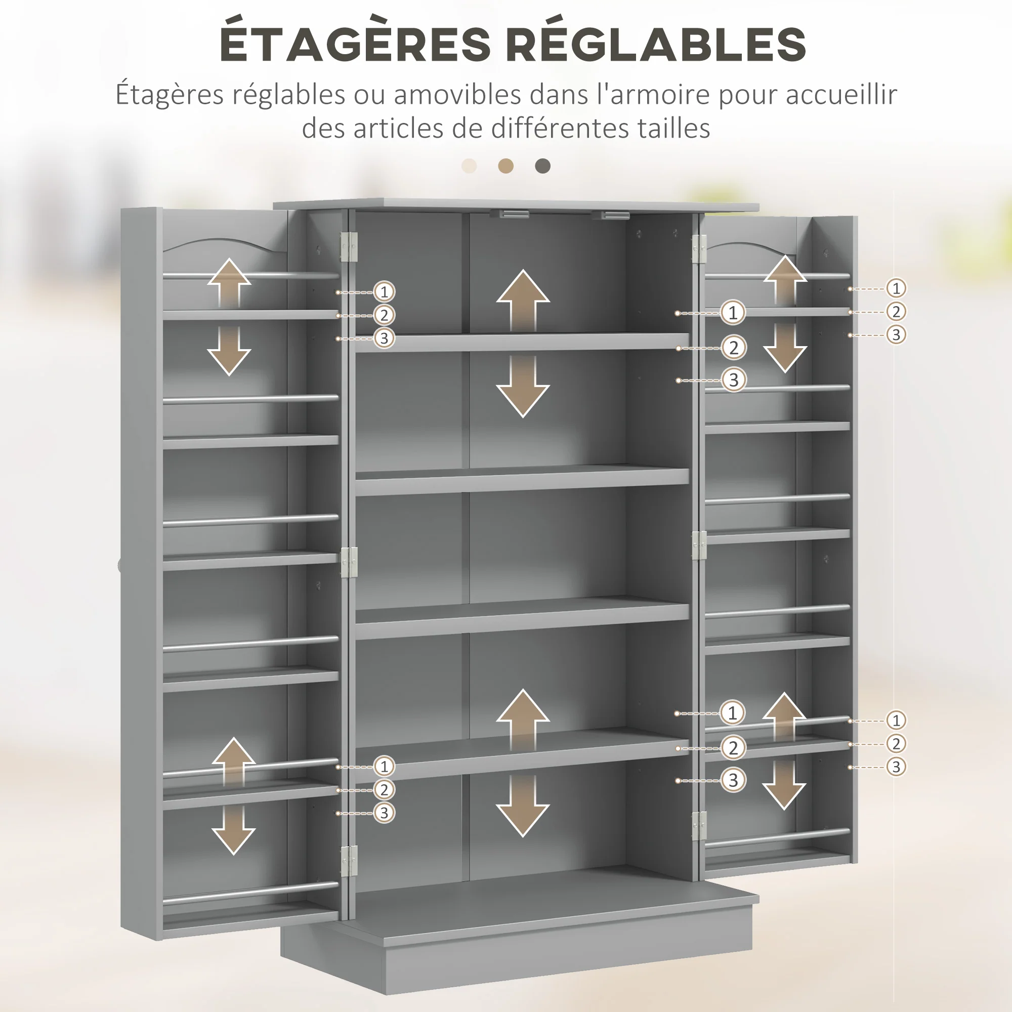 Armoire de cuisine buffet cuisine vaisselier meuble de rangement moderne avec placards, étagère réglable et 12 porte-épices, garde-manger pour salle à manger, salon, 60 x 30 x 104 cm, gris - Image 6
