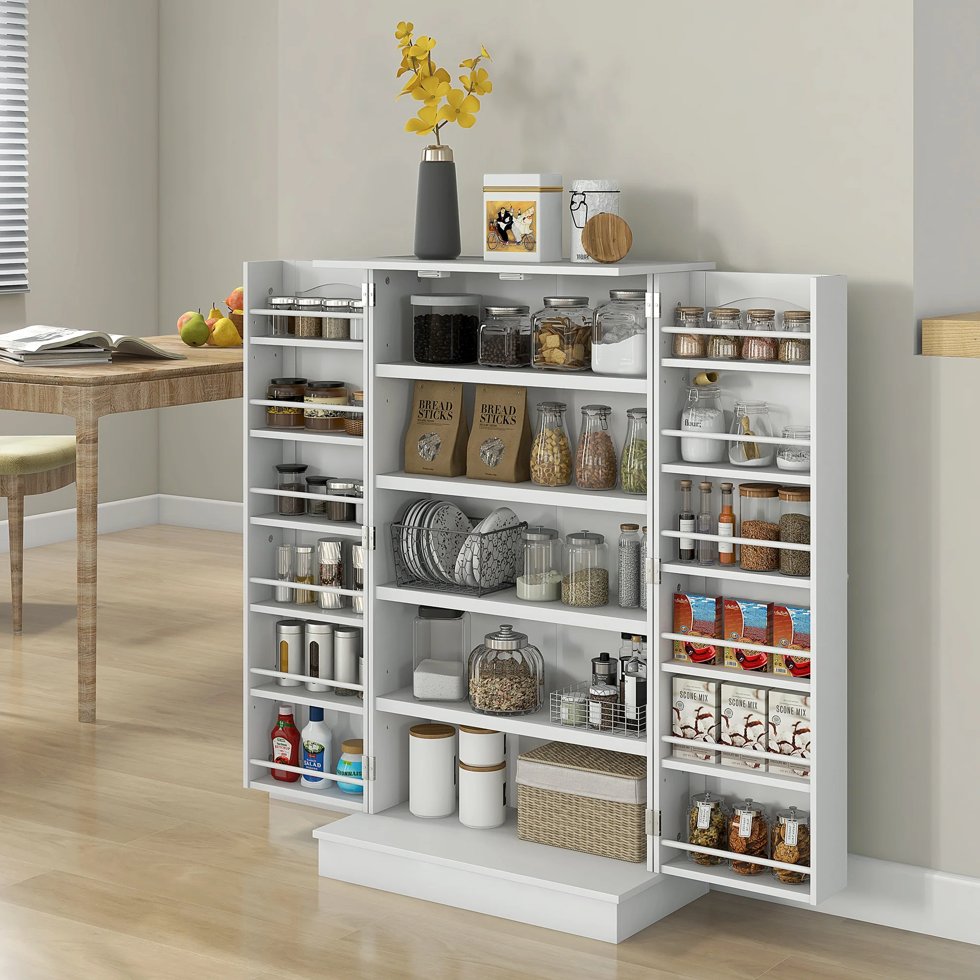 Armoire de cuisine buffet cuisine vaisselier meuble de rangement moderne avec placards, étagère réglable et 12 porte-épices, garde-manger pour salle à manger, salon, 60 x 30 x 104 cm, blanc - Image 3