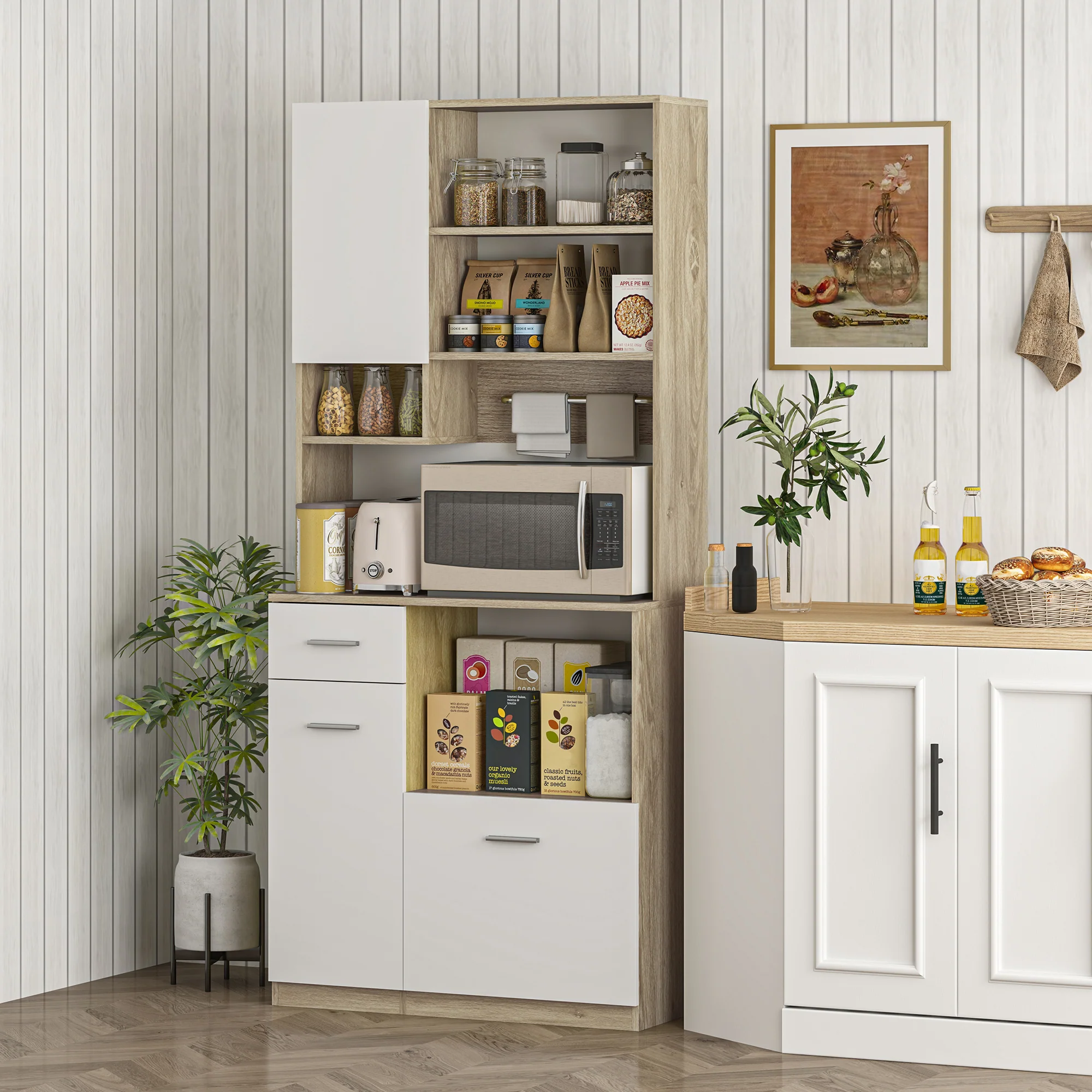 Armoire de cuisine buffet cuisine vaisselier meuble de rangement style moderne avec étagères réglables, tiroir, comptoir, passe-câble, pour salle à manger, salon, 80 x 35 x 180 cm, aspect bois - Image 3