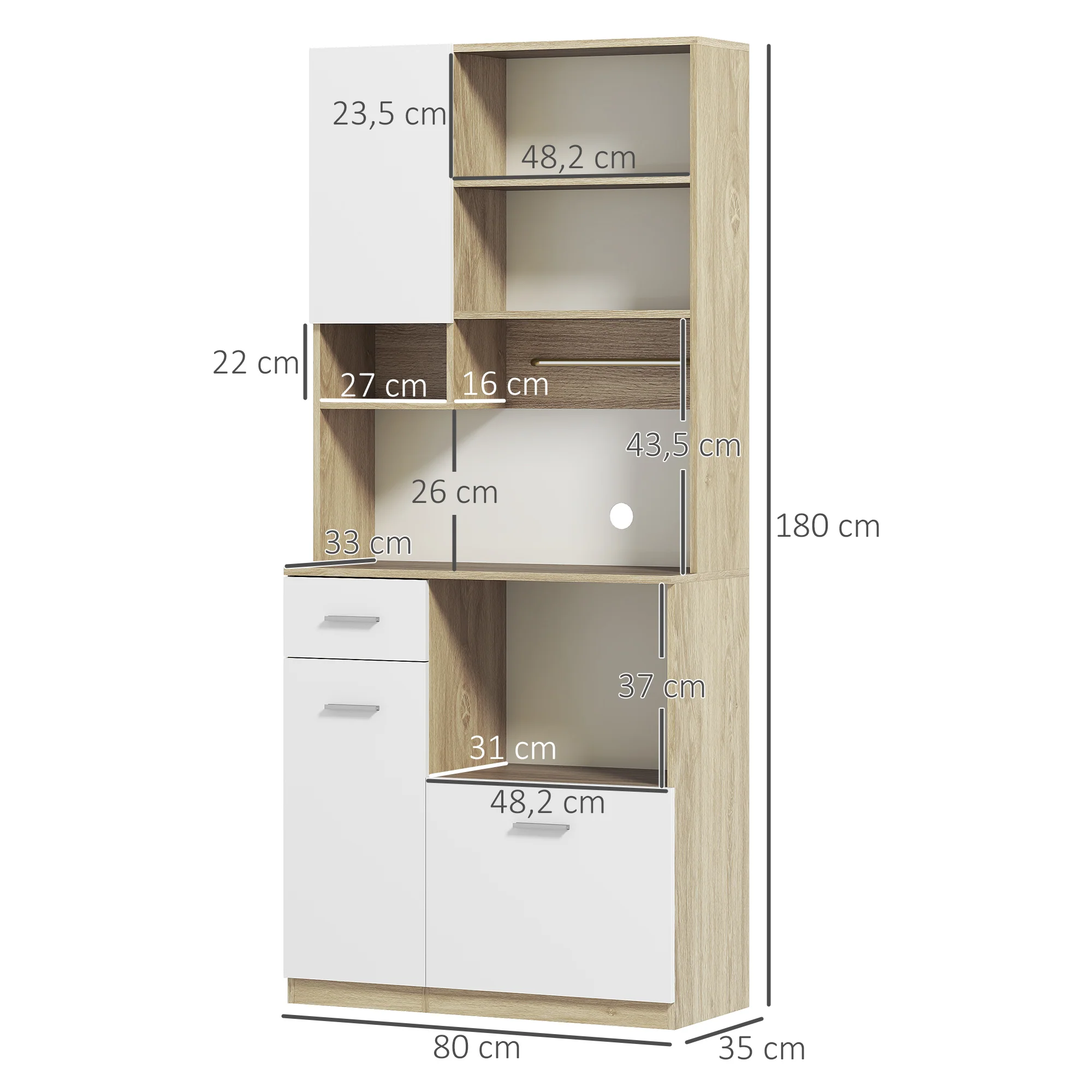 Armoire de cuisine buffet cuisine vaisselier meuble de rangement style moderne avec étagères réglables, tiroir, comptoir, passe-câble, pour salle à manger, salon, 80 x 35 x 180 cm, aspect bois - Image 4