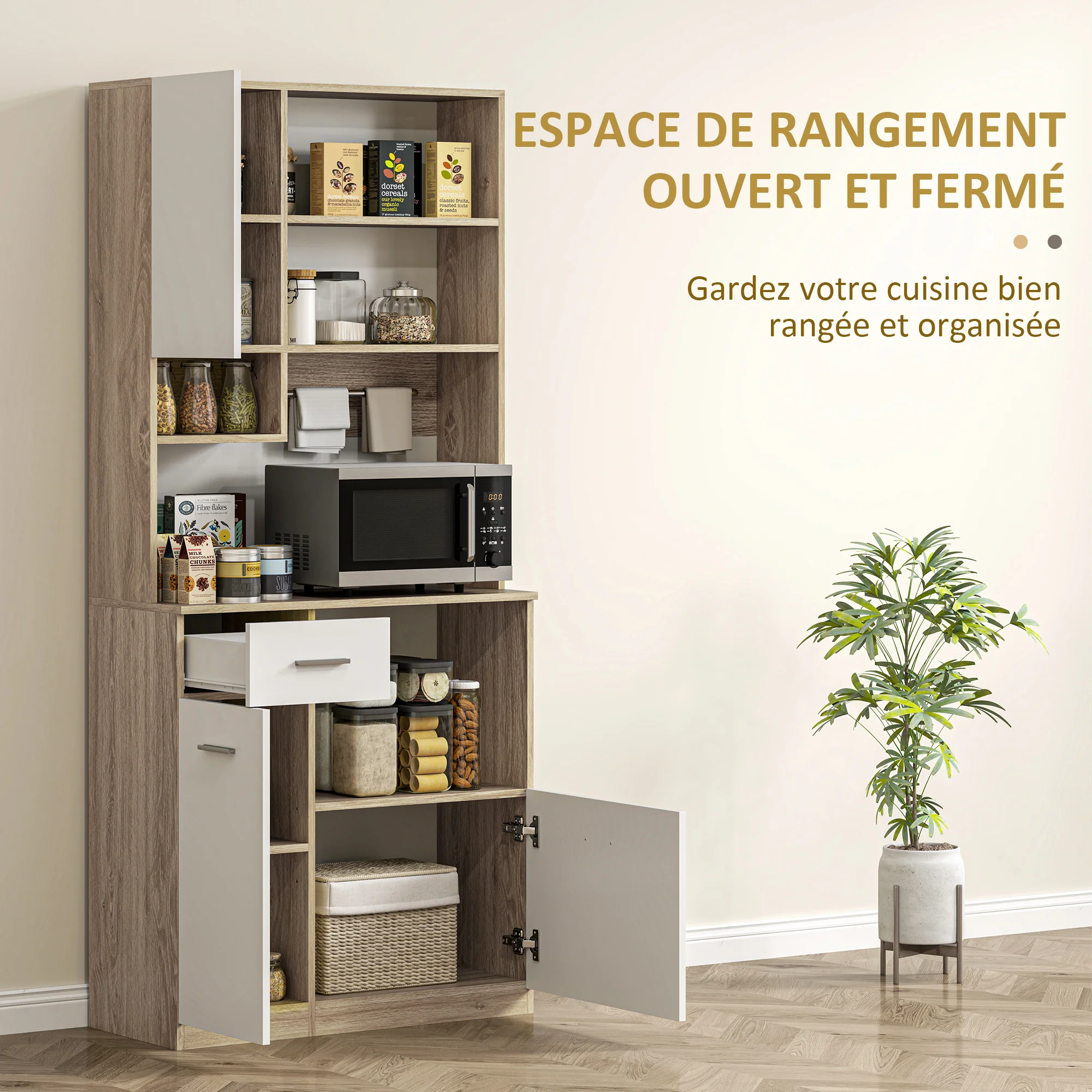 Armoire de cuisine buffet cuisine vaisselier meuble de rangement style moderne avec étagères réglables, tiroir, comptoir, passe-câble, pour salle à manger, salon, 80 x 35 x 180 cm, aspect bois - Image 5