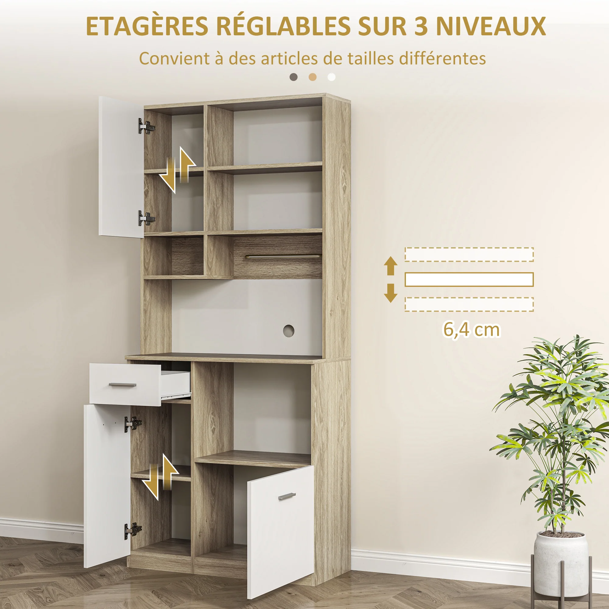 Armoire de cuisine buffet cuisine vaisselier meuble de rangement style moderne avec étagères réglables, tiroir, comptoir, passe-câble, pour salle à manger, salon, 80 x 35 x 180 cm, aspect bois - Image 6