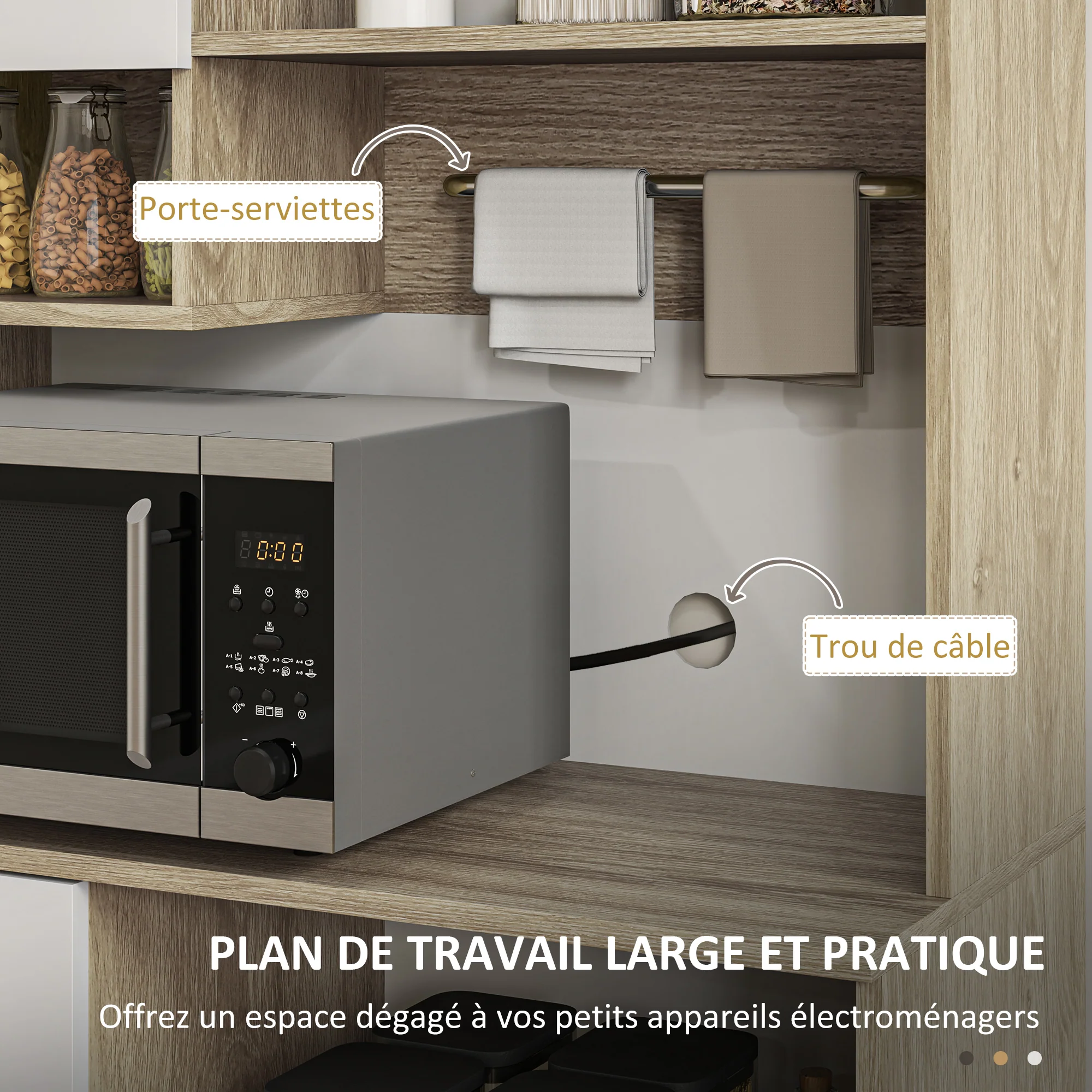 Armoire de cuisine buffet cuisine vaisselier meuble de rangement style moderne avec étagères réglables, tiroir, comptoir, passe-câble, pour salle à manger, salon, 80 x 35 x 180 cm, aspect bois - Image 7