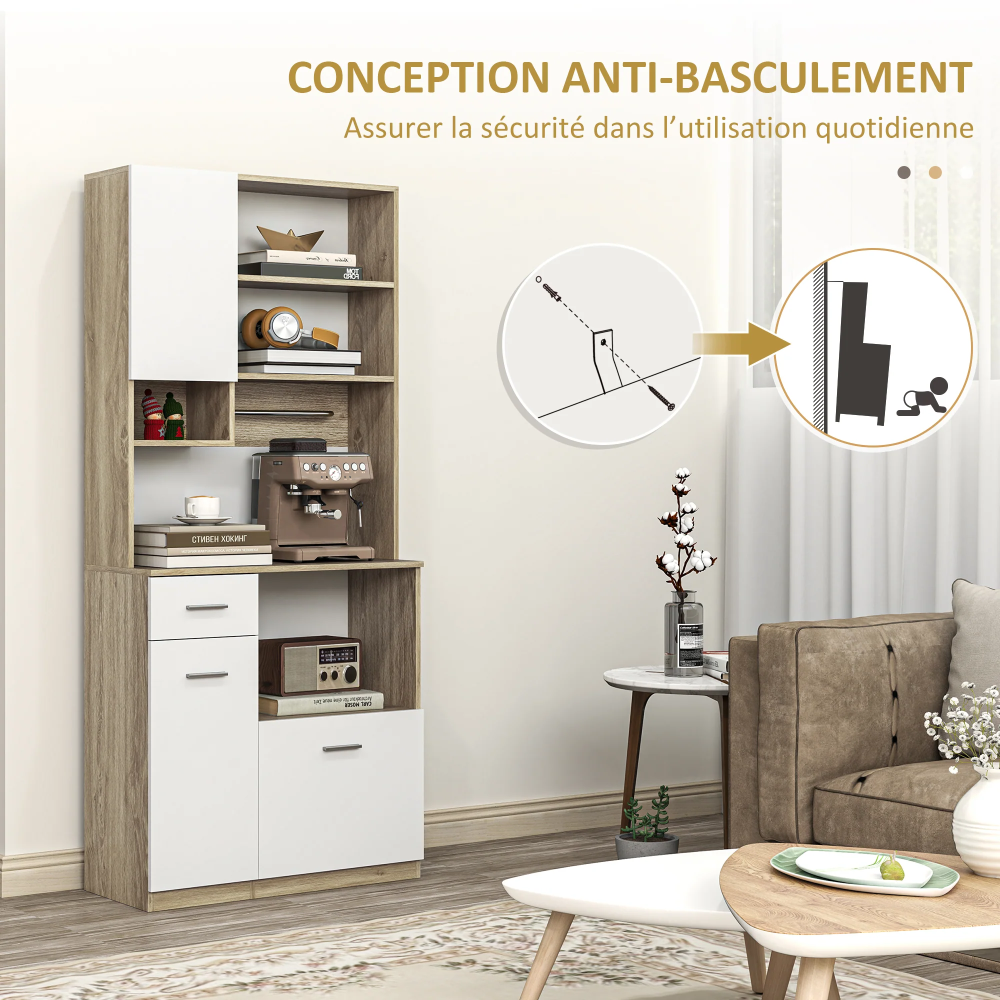 Armoire de cuisine buffet cuisine vaisselier meuble de rangement style moderne avec étagères réglables, tiroir, comptoir, passe-câble, pour salle à manger, salon, 80 x 35 x 180 cm, aspect bois - Image 8