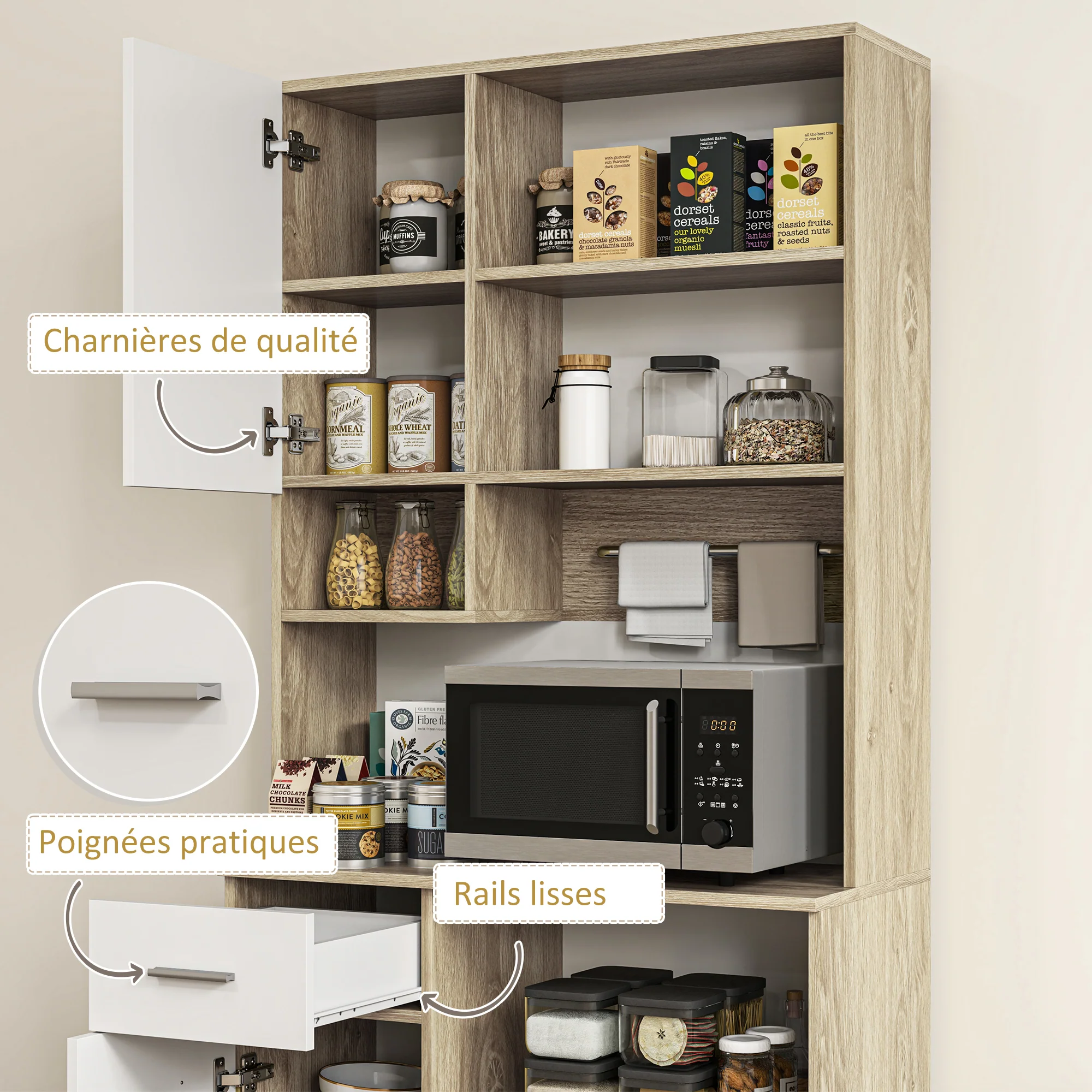 Armoire de cuisine buffet cuisine vaisselier meuble de rangement style moderne avec étagères réglables, tiroir, comptoir, passe-câble, pour salle à manger, salon, 80 x 35 x 180 cm, aspect bois - Image 9