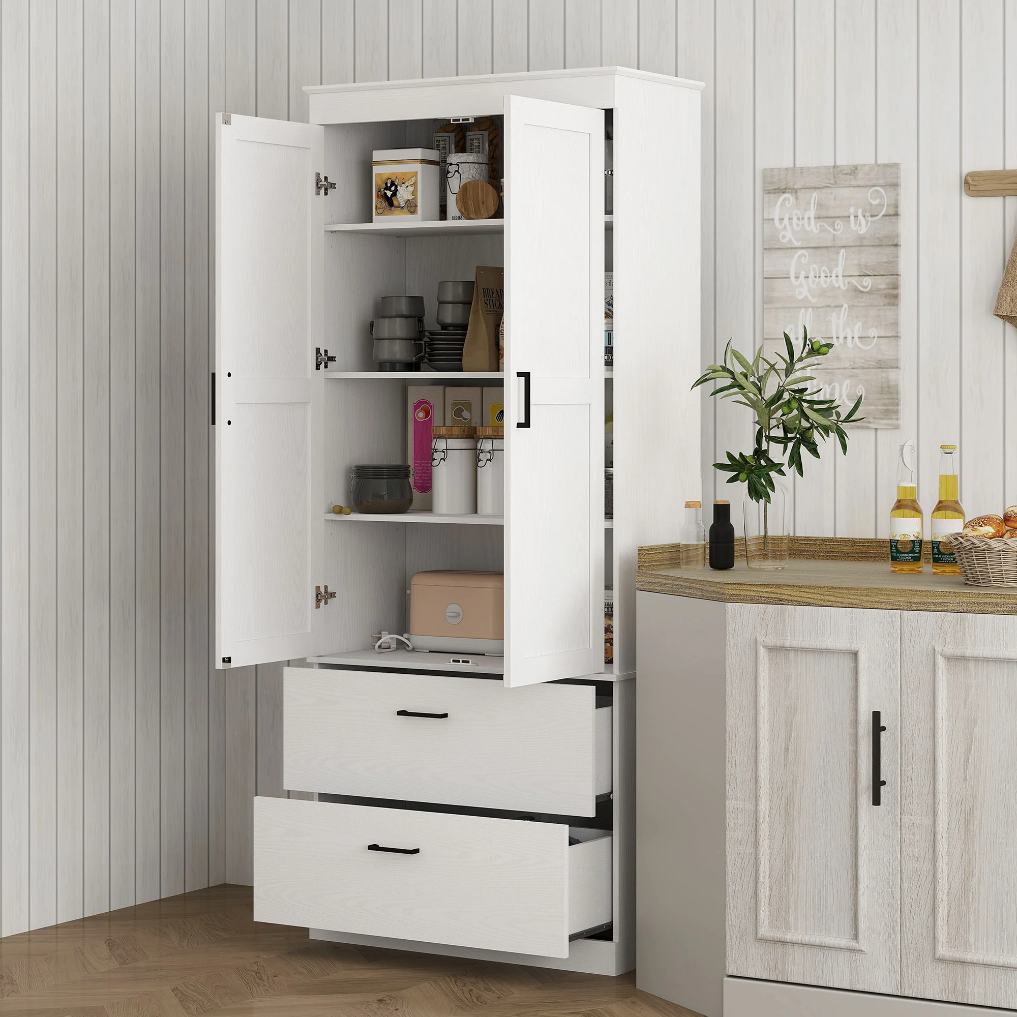Armoire de cuisine buffet cuisine vaisselier meuble de rangement style moderne avec placard, 2 tiroirs et étagères réglables, 75 x 39 x 178 cm, gris - Image 3