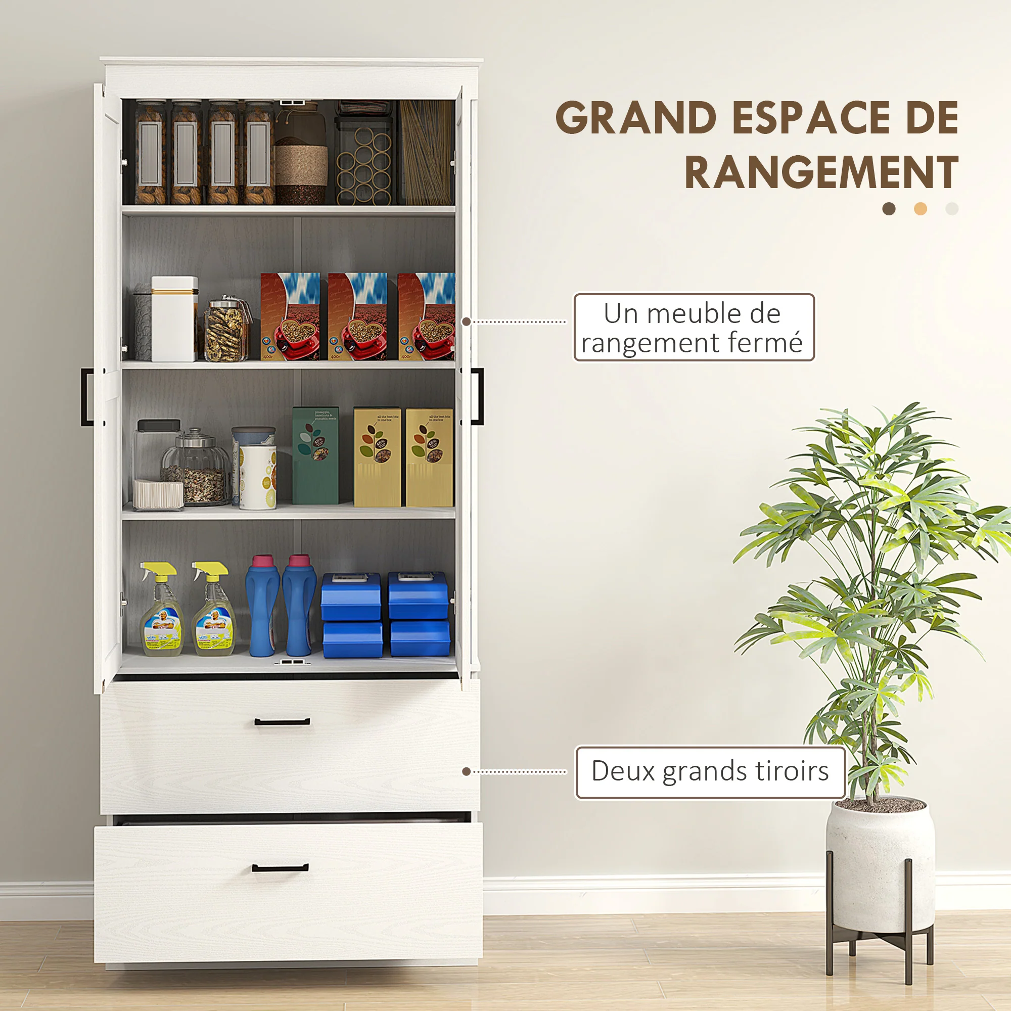 Armoire de cuisine buffet cuisine vaisselier meuble de rangement style moderne avec placard, 2 tiroirs et étagères réglables, 75 x 39 x 178 cm, gris - Image 5