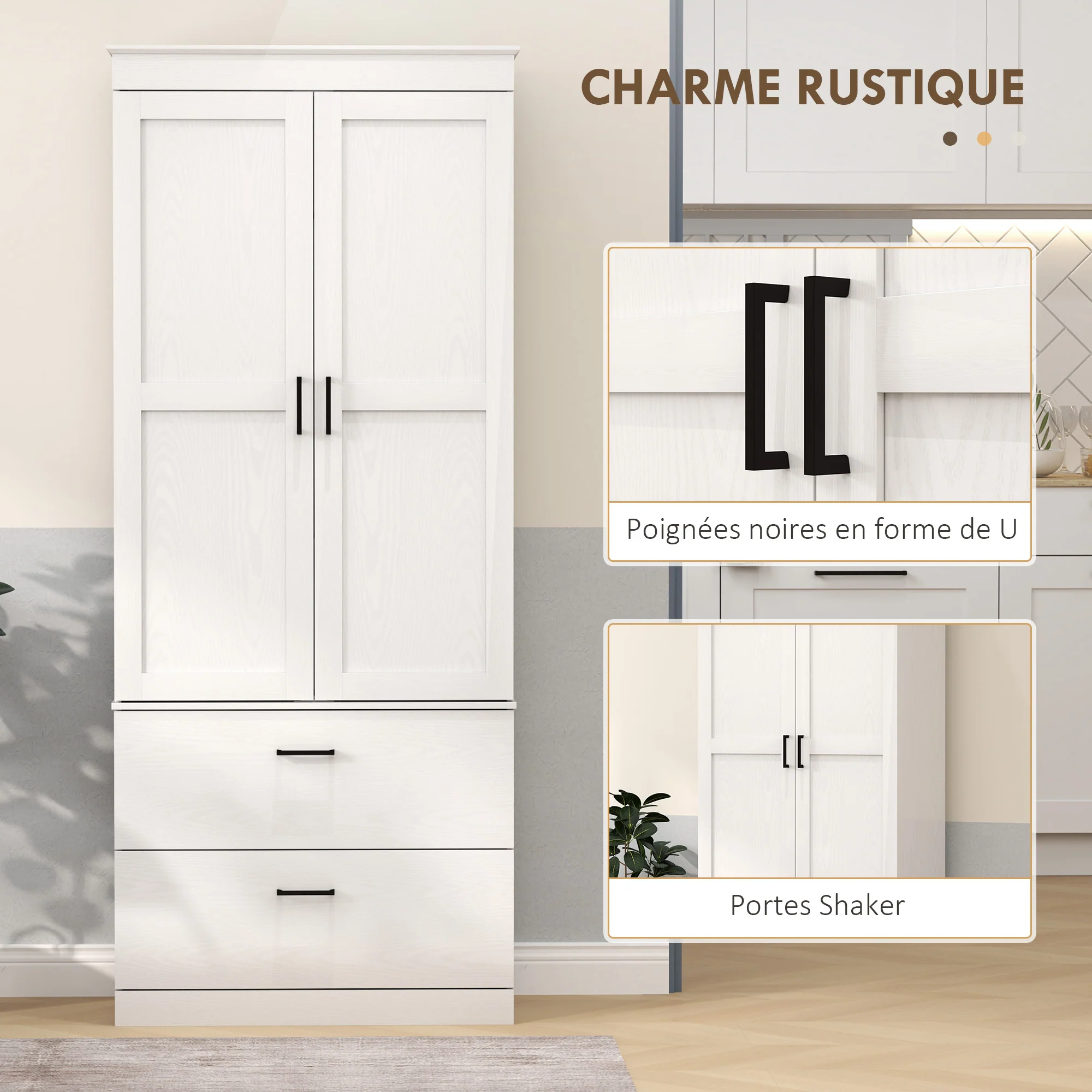 Armoire de cuisine buffet cuisine vaisselier meuble de rangement style moderne avec placard, 2 tiroirs et étagères réglables, 75 x 39 x 178 cm, gris - Image 6