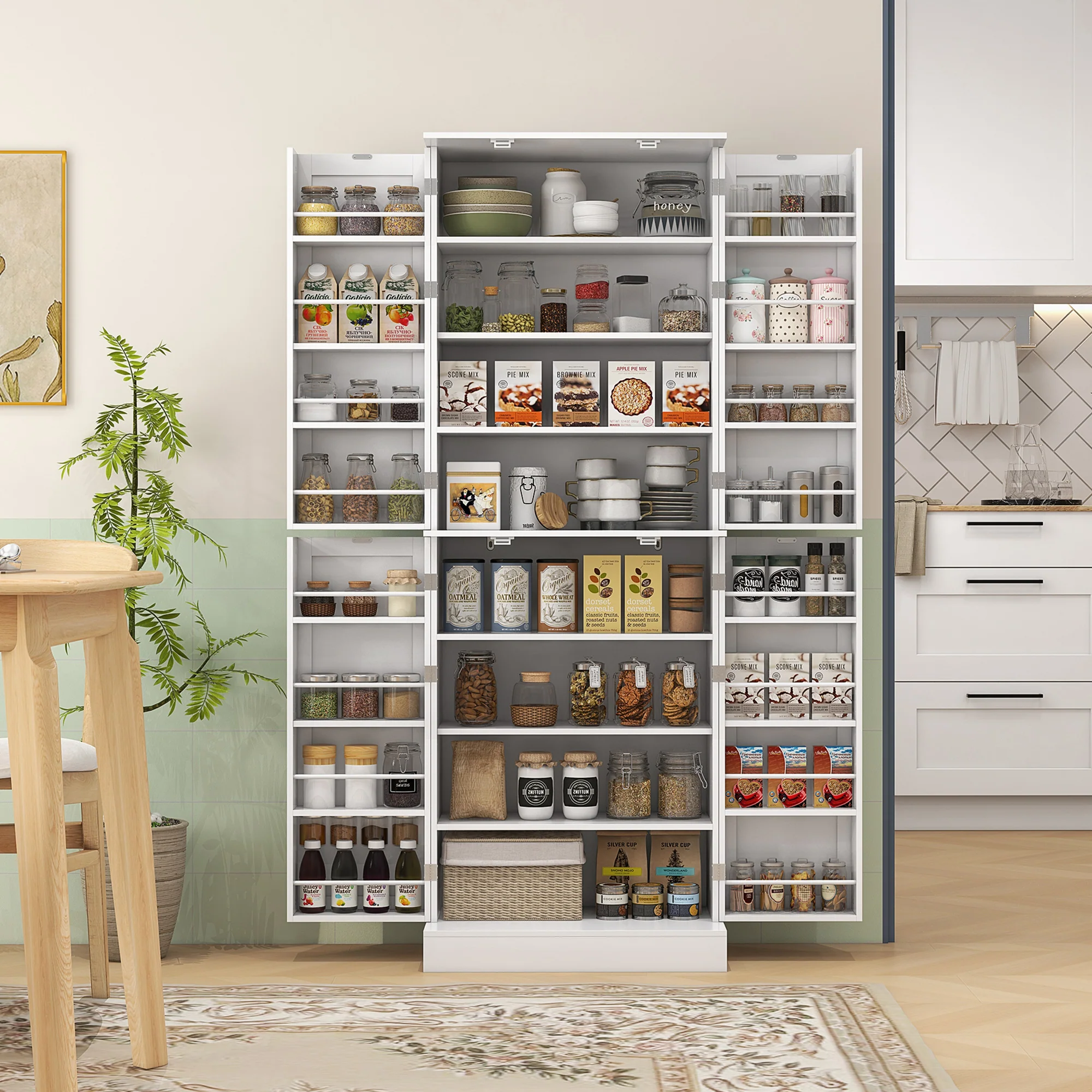 Armoire de cuisine buffet cuisine vaisselier meuble de rangement style moderne avec placards, étagère réglable et porte-épices pour salle à manger, salon, 60 x 35 x 166 cm, blanc - Image 3