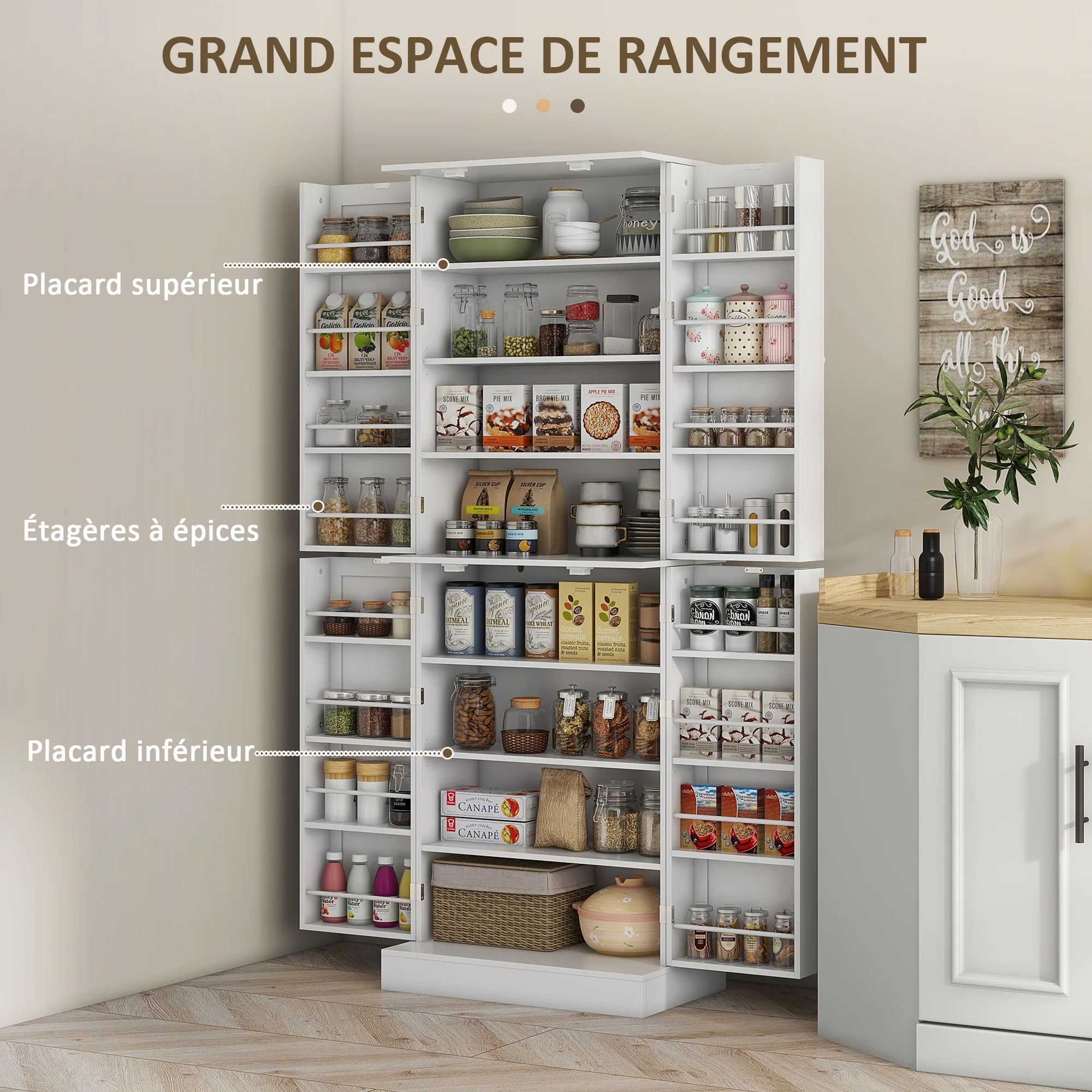 Armoire de cuisine buffet cuisine vaisselier meuble de rangement style moderne avec placards, étagère réglable et porte-épices pour salle à manger, salon, 60 x 35 x 166 cm, blanc - Image 5