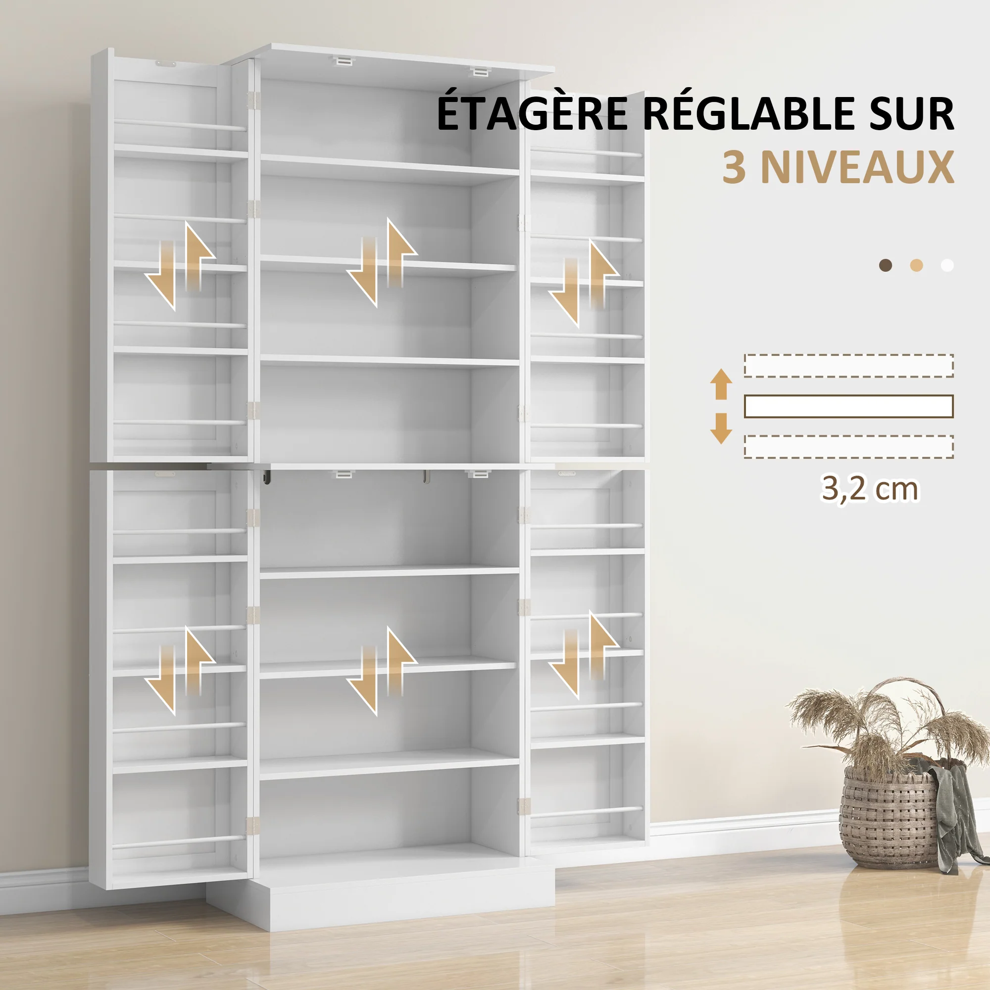 Armoire de cuisine buffet cuisine vaisselier meuble de rangement style moderne avec placards, étagère réglable et porte-épices pour salle à manger, salon, 60 x 35 x 166 cm, blanc - Image 6