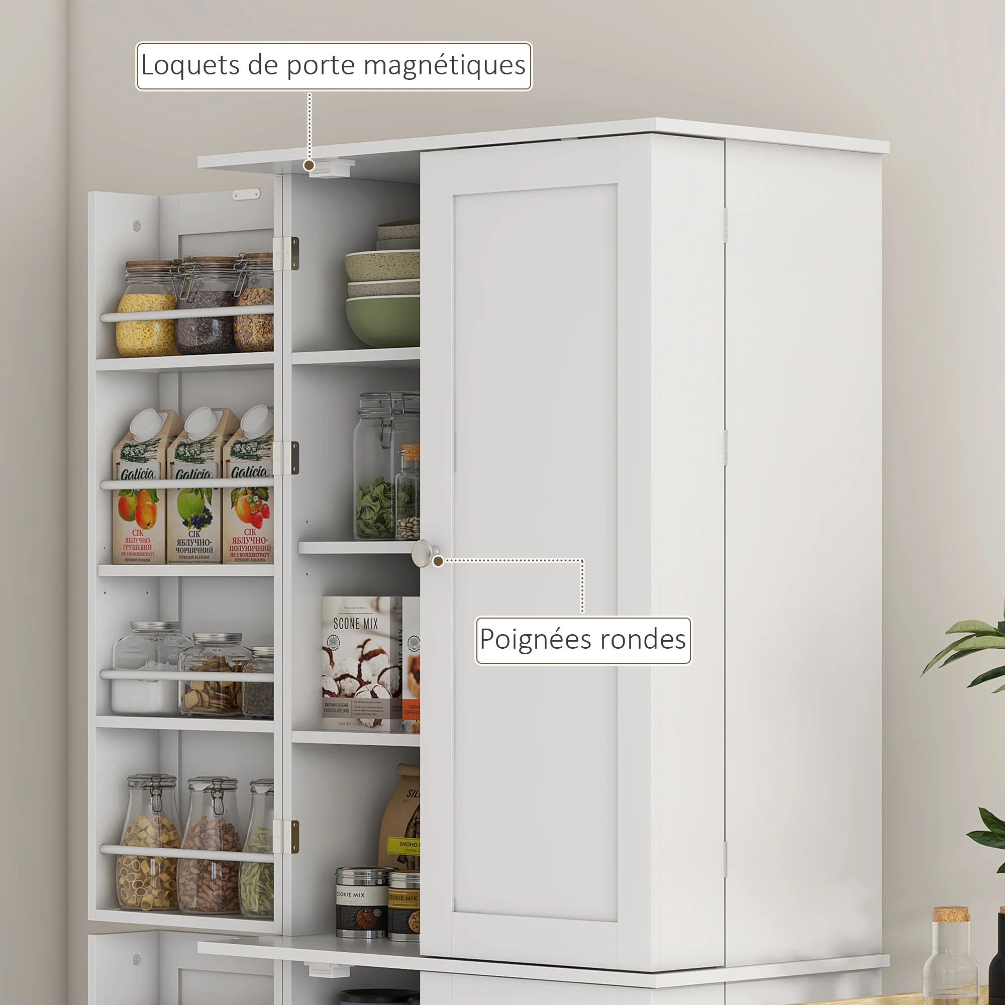 Armoire de cuisine buffet cuisine vaisselier meuble de rangement style moderne avec placards, étagère réglable et porte-épices pour salle à manger, salon, 60 x 35 x 166 cm, blanc - Image 8