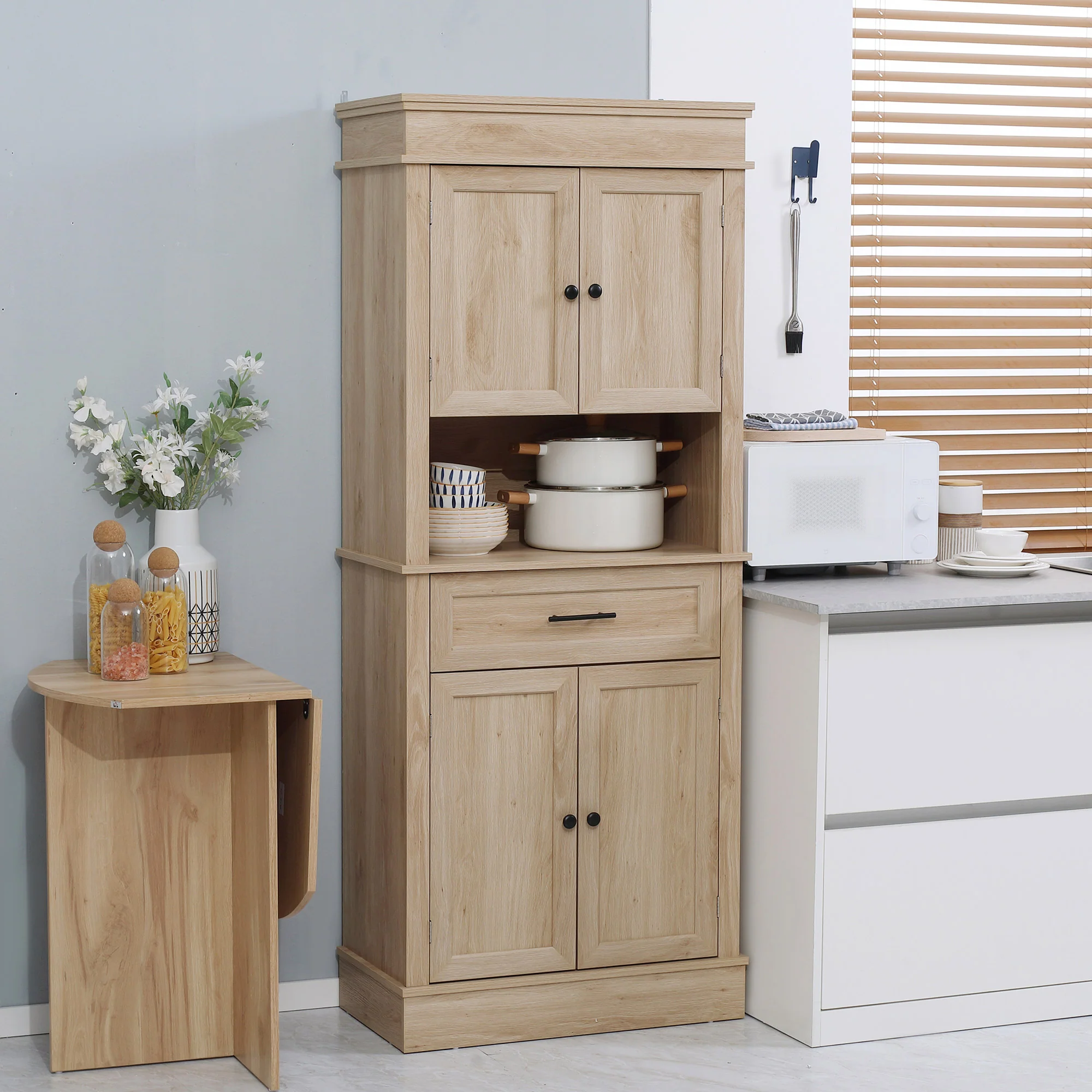 Armoire de cuisine buffet cuisine vaisselier meuble de rangement style moderne avec placards, étagères réglables, tiroir, et niche, pour salle à manger, salon, 74 x 39,5 x 183 cm, chêne clair - Image 3