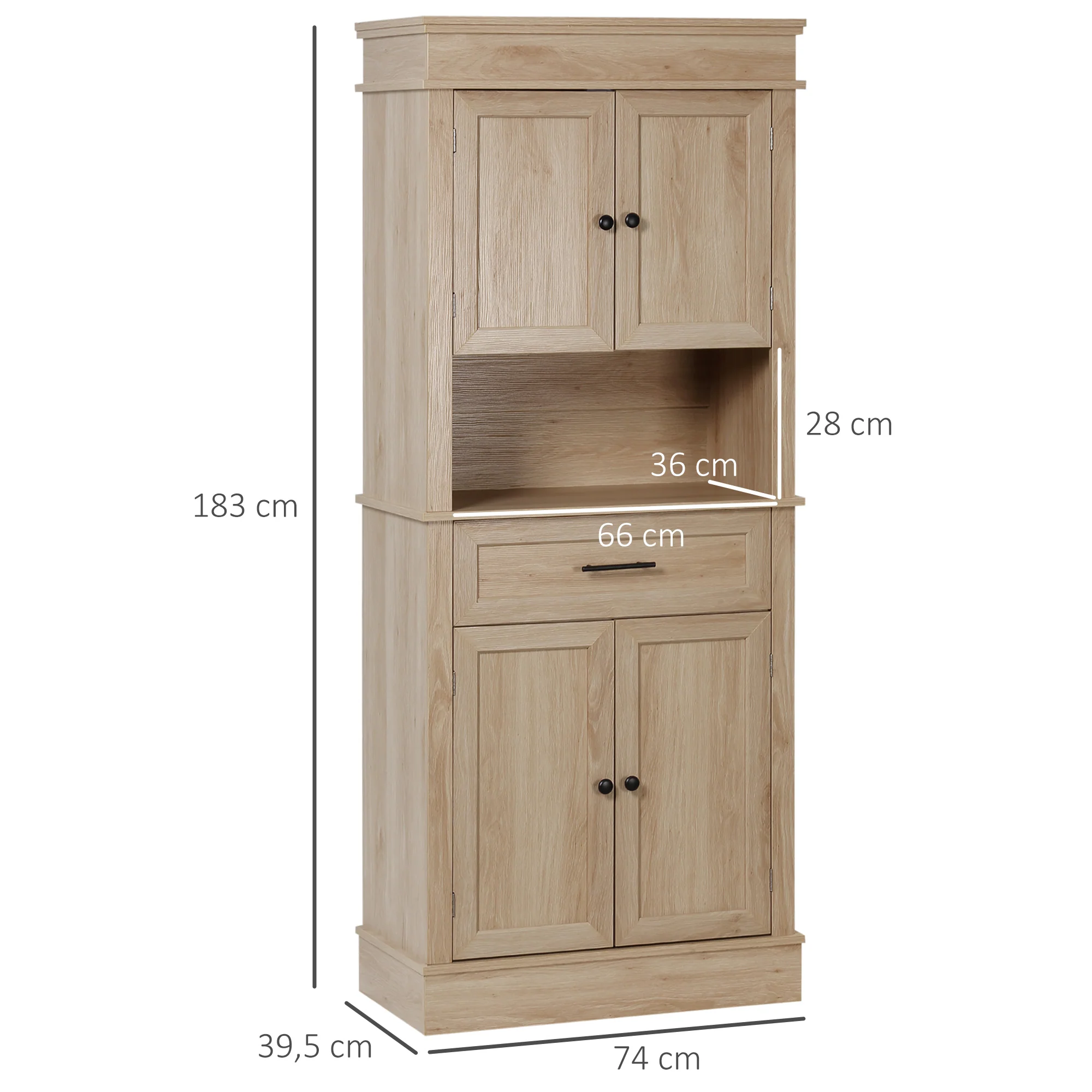 Armoire de cuisine buffet cuisine vaisselier meuble de rangement style moderne avec placards, étagères réglables, tiroir, et niche, pour salle à manger, salon, 74 x 39,5 x 183 cm, chêne clair - Image 4