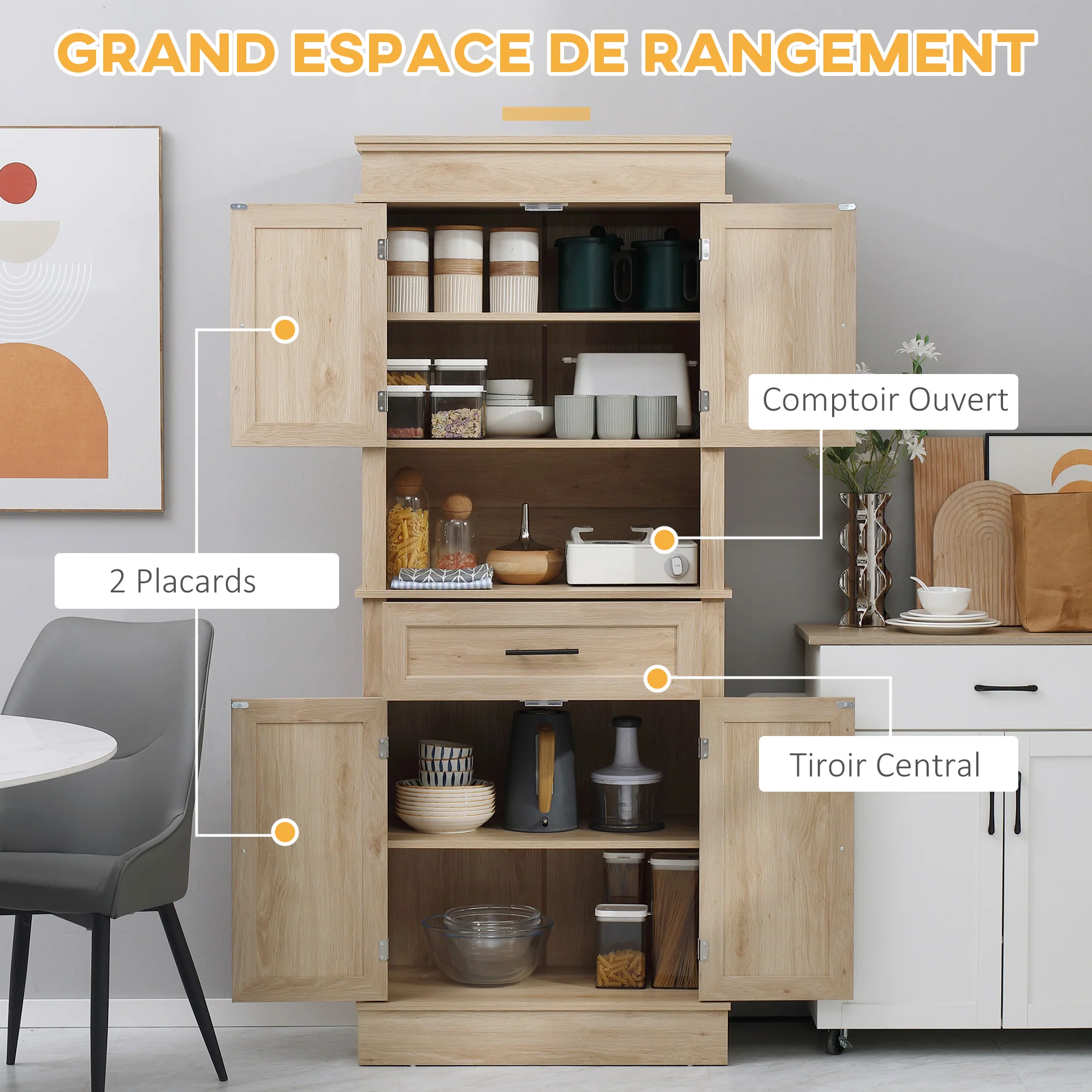 Armoire de cuisine buffet cuisine vaisselier meuble de rangement style moderne avec placards, étagères réglables, tiroir, et niche, pour salle à manger, salon, 74 x 39,5 x 183 cm, chêne clair - Image 5